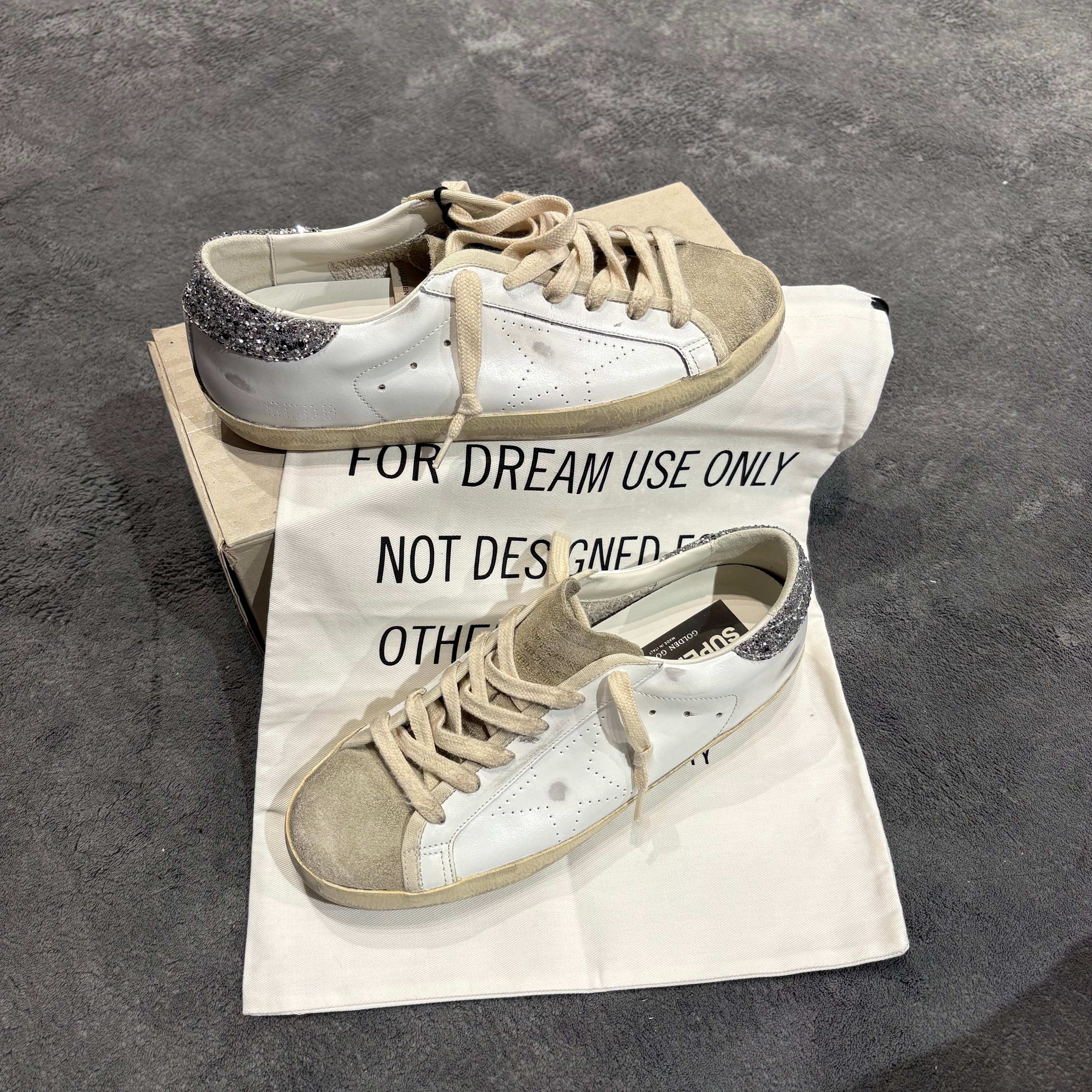 GOLDEN GOOSE SUPER STAR SUEDE TOE TONGUE & TACCO SILVER GLITTER