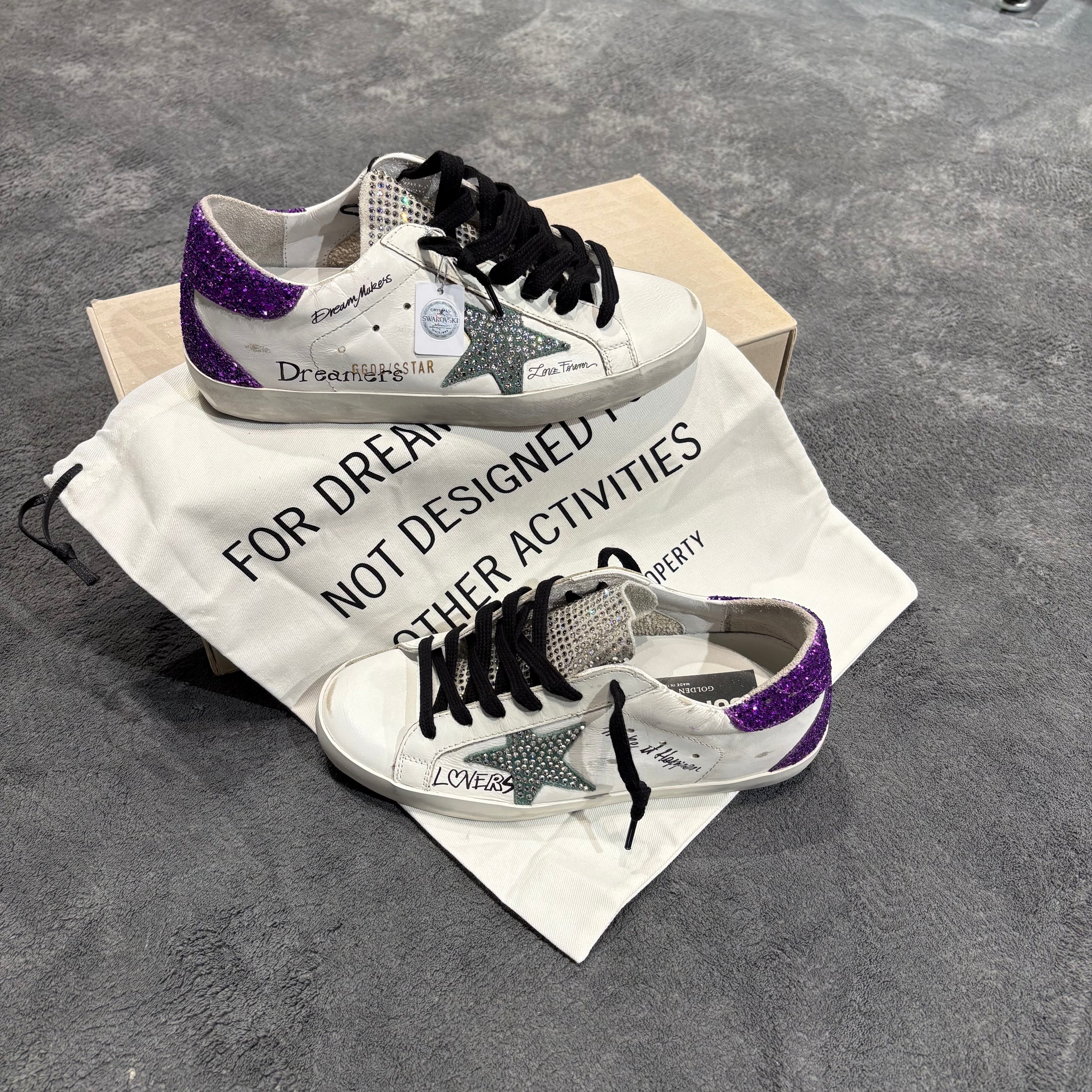 GOLDEN GOOSE X SWAROVSKI SUPER STAR SUEDE TOE TONGUE TACCO PURPLE GLITTER