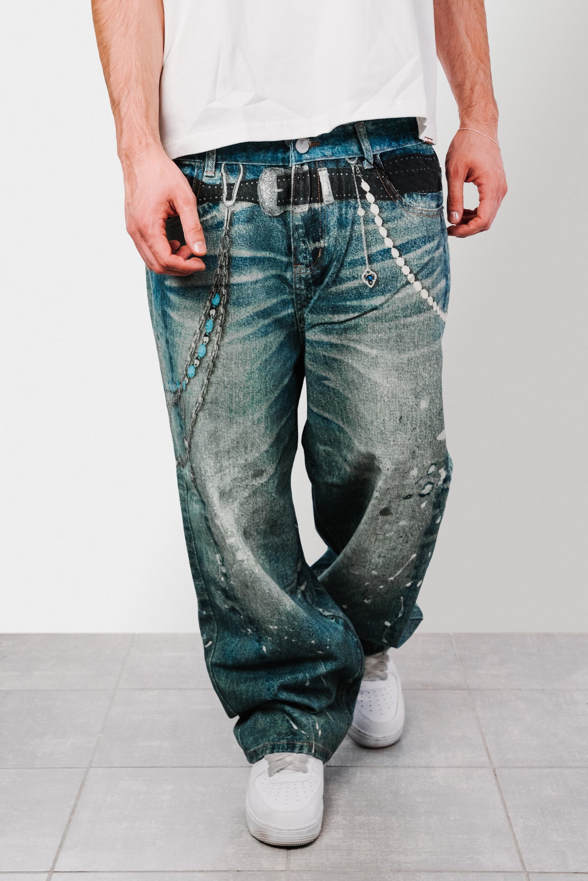 WAIST CHAIN PRINTED BLUE JEANS - Replacement Brand