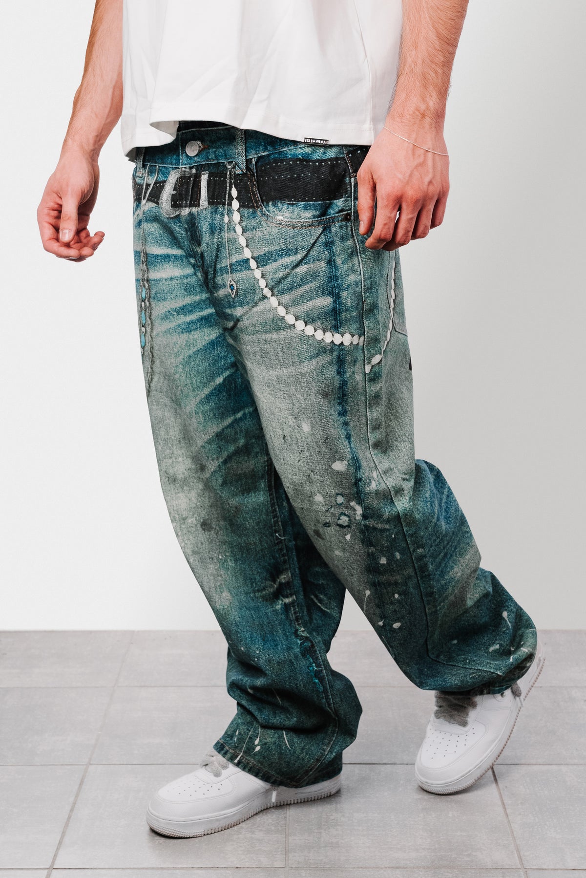 WAIST CHAIN PRINTED BLUE JEANS - Replacement Brand