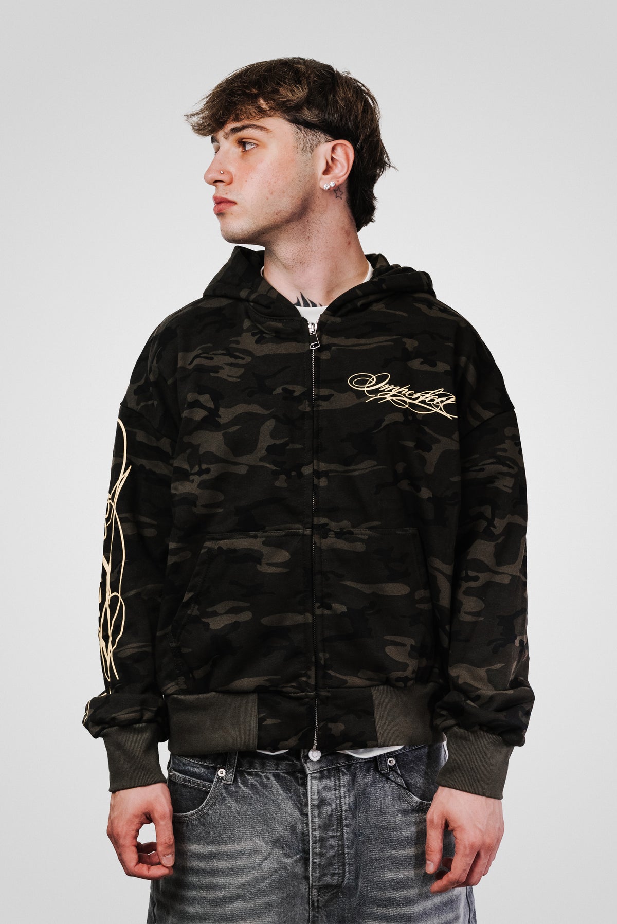 YELLOW SCRIPT CAMO ZIP HOODIE - Shoebuya Design