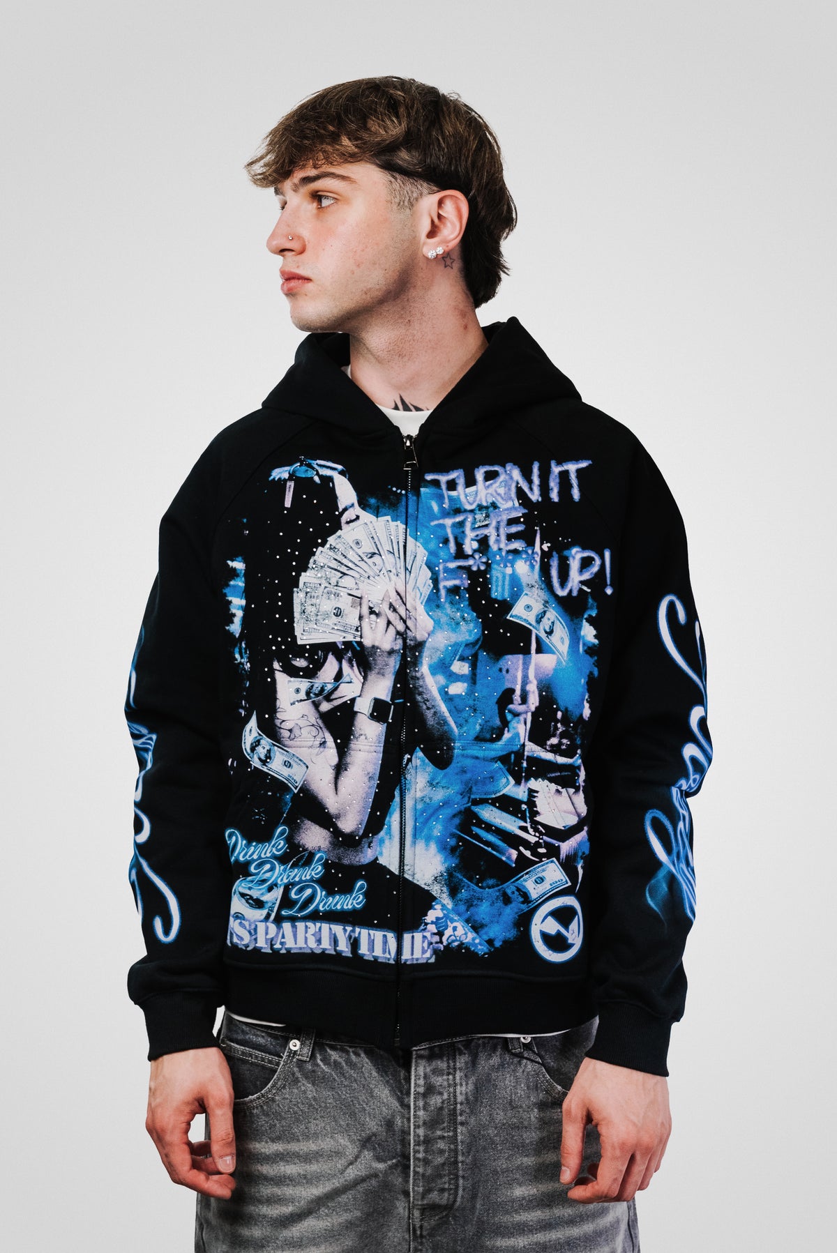 TURN IT THE FUCK UP GLITTER BLACK HOODIE - Noissey Brand