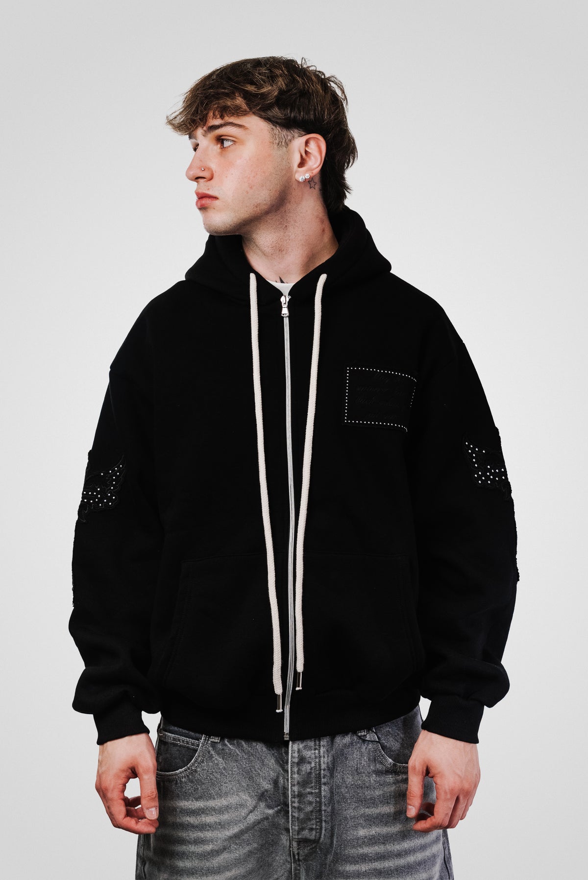 SQUARE PATCH BLACK ZIP HOODIE - Replacement Brand