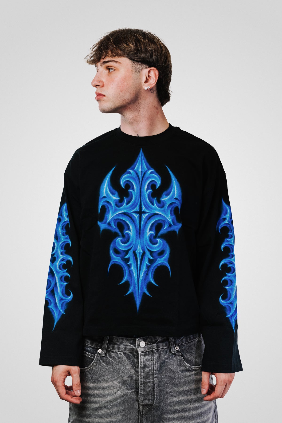 GREGORIAN BLUE NEON BLACK LONGSLEEVE - Shoebuya Design