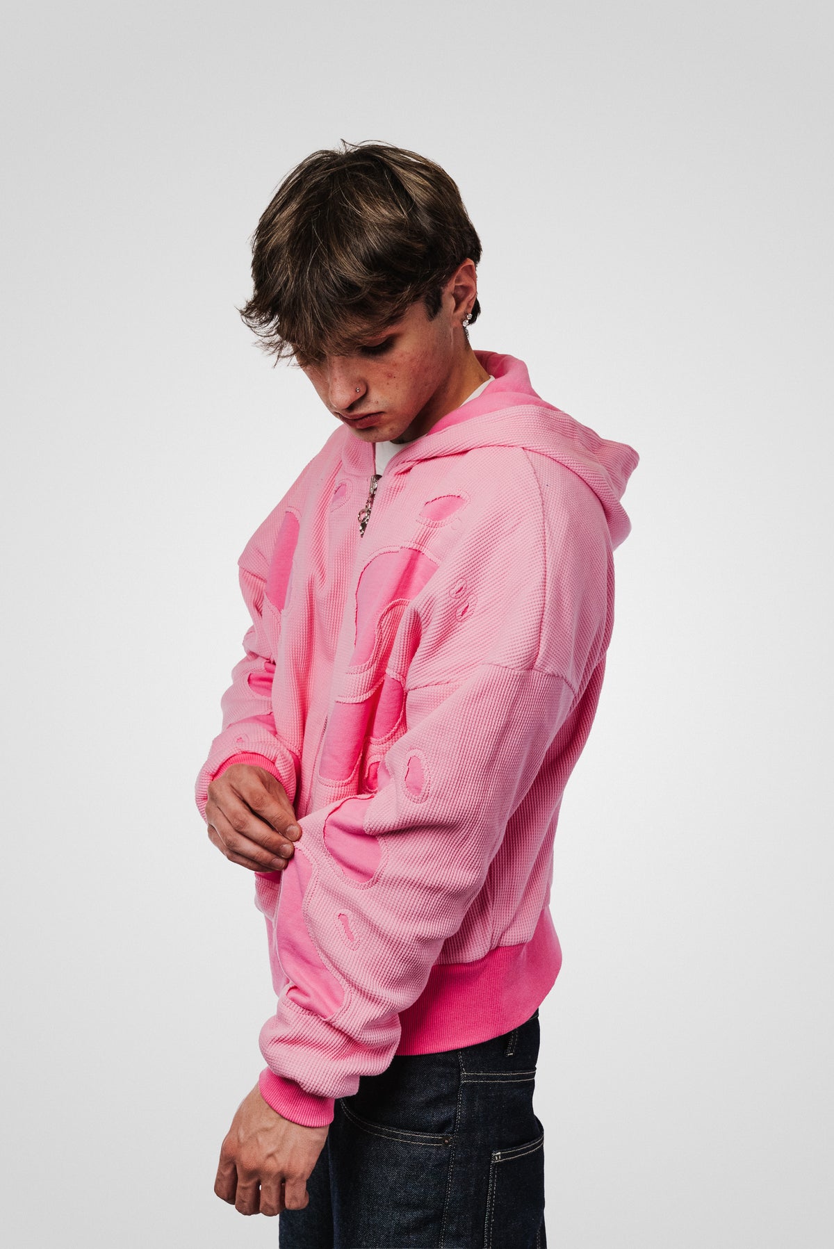 PIGGY WAFFLE DOUBLE LAYER PINK HOODIE - TheDoubleE