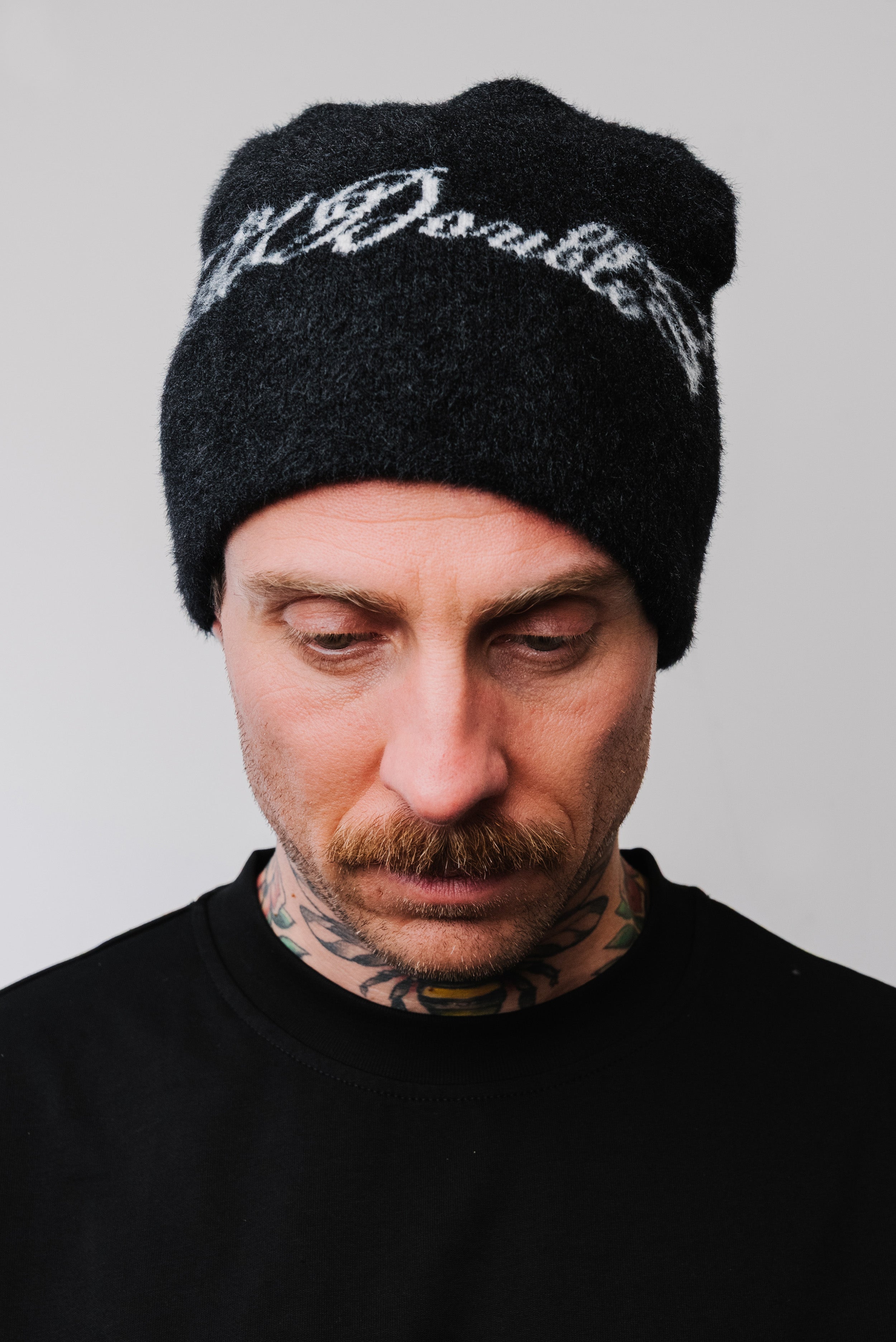 MOHAIR BEANIE LOGO BLACK - TheDoubleE