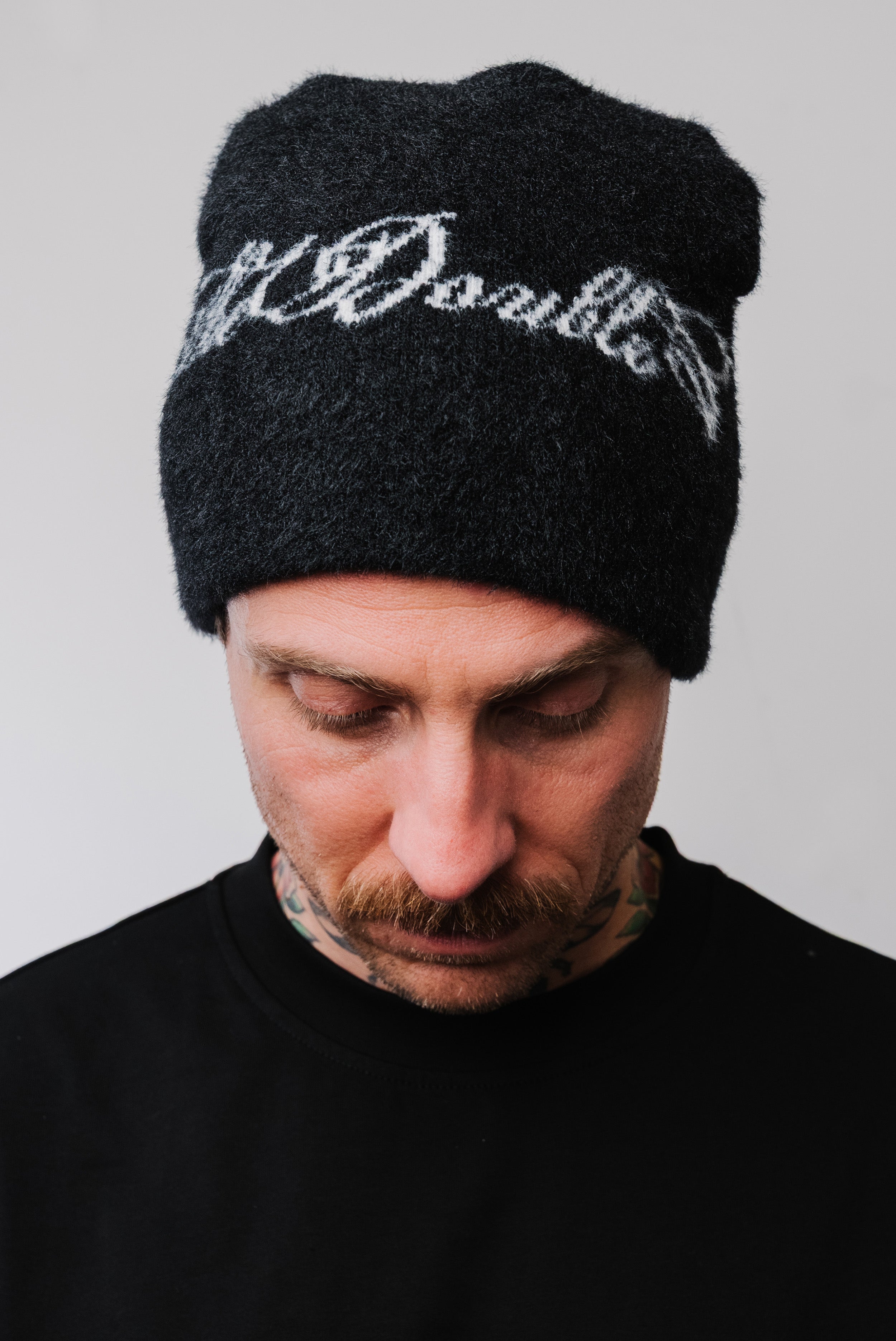 MOHAIR BEANIE LOGO BLACK - TheDoubleE