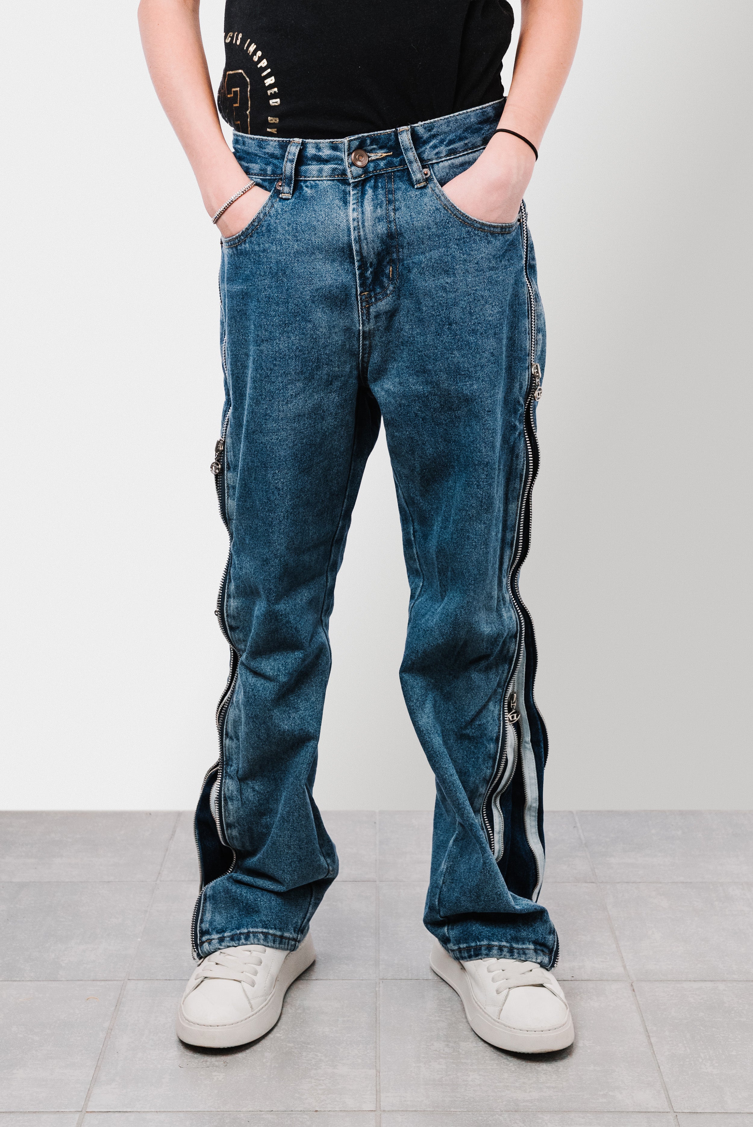 DOUBLE ZIP DENIM JEANS