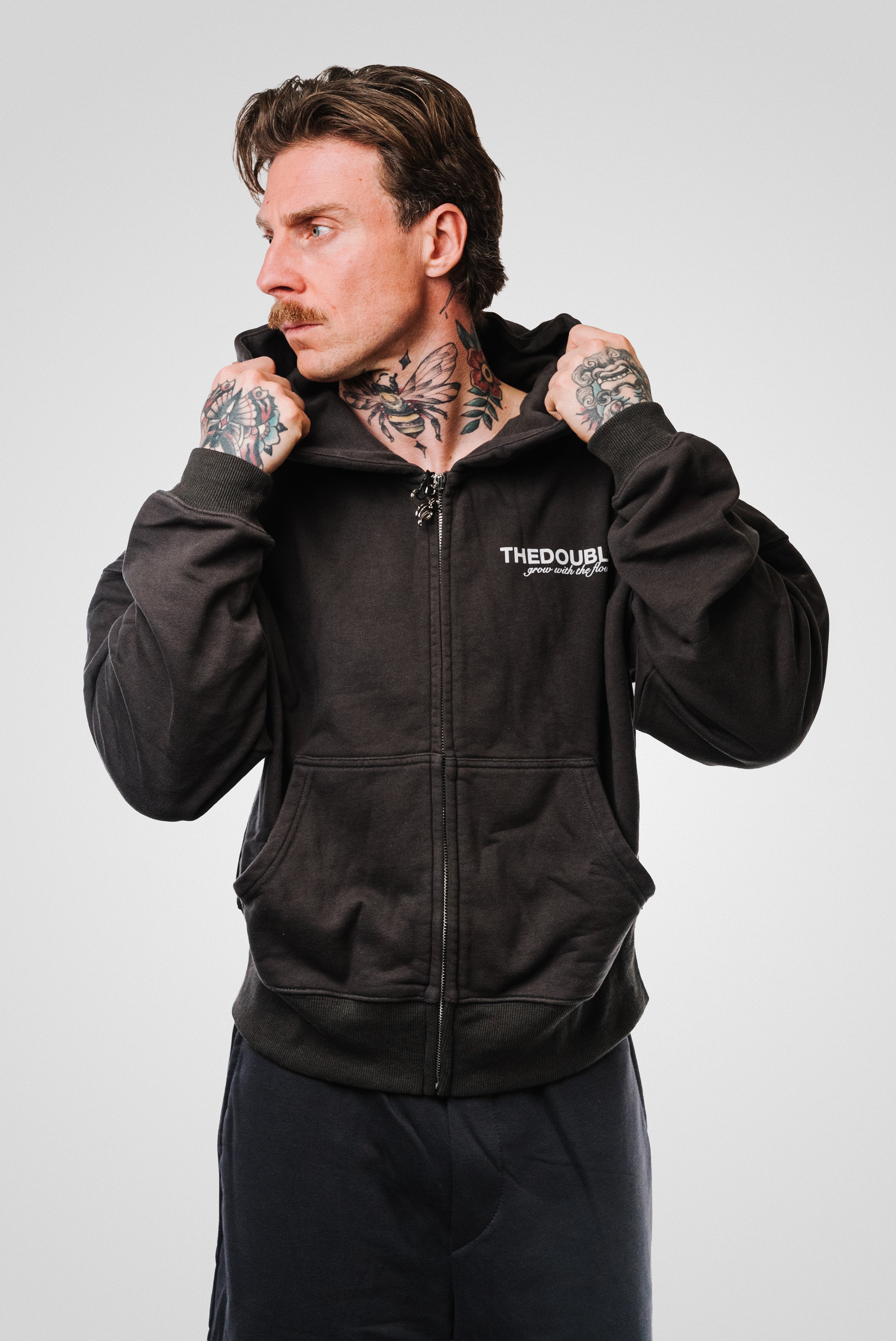 PATCH LOGO DARK GREY ZIP HOODIE - TheDoubleE