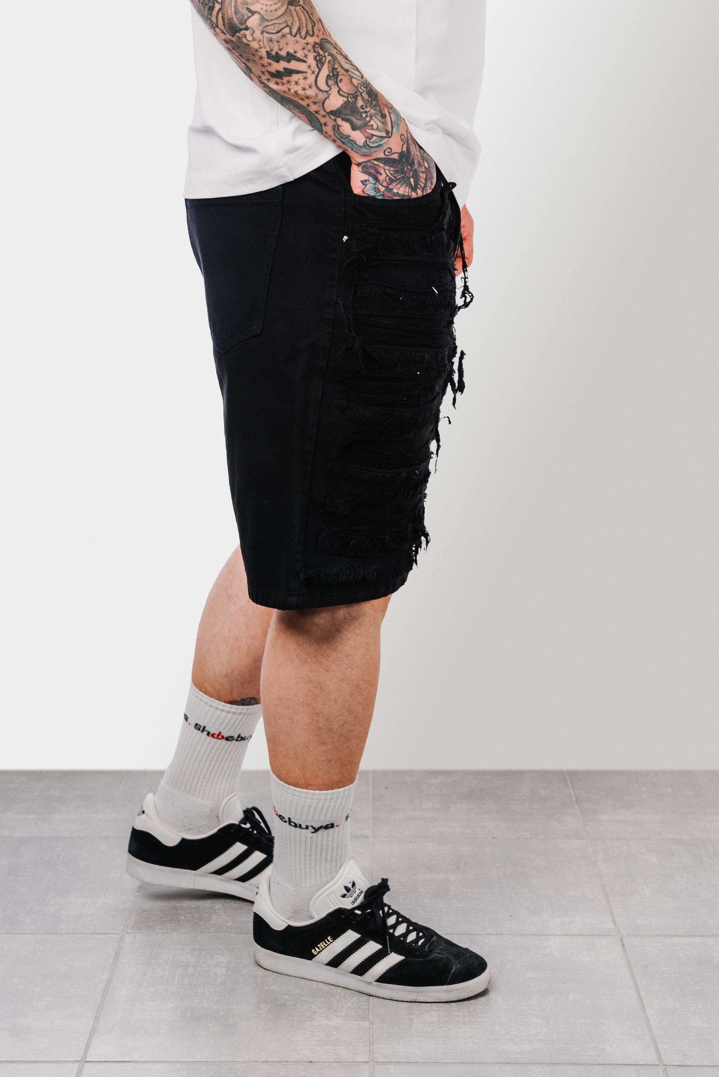 RIPPED BLACK DENIM SHORTS - Replacement Brand