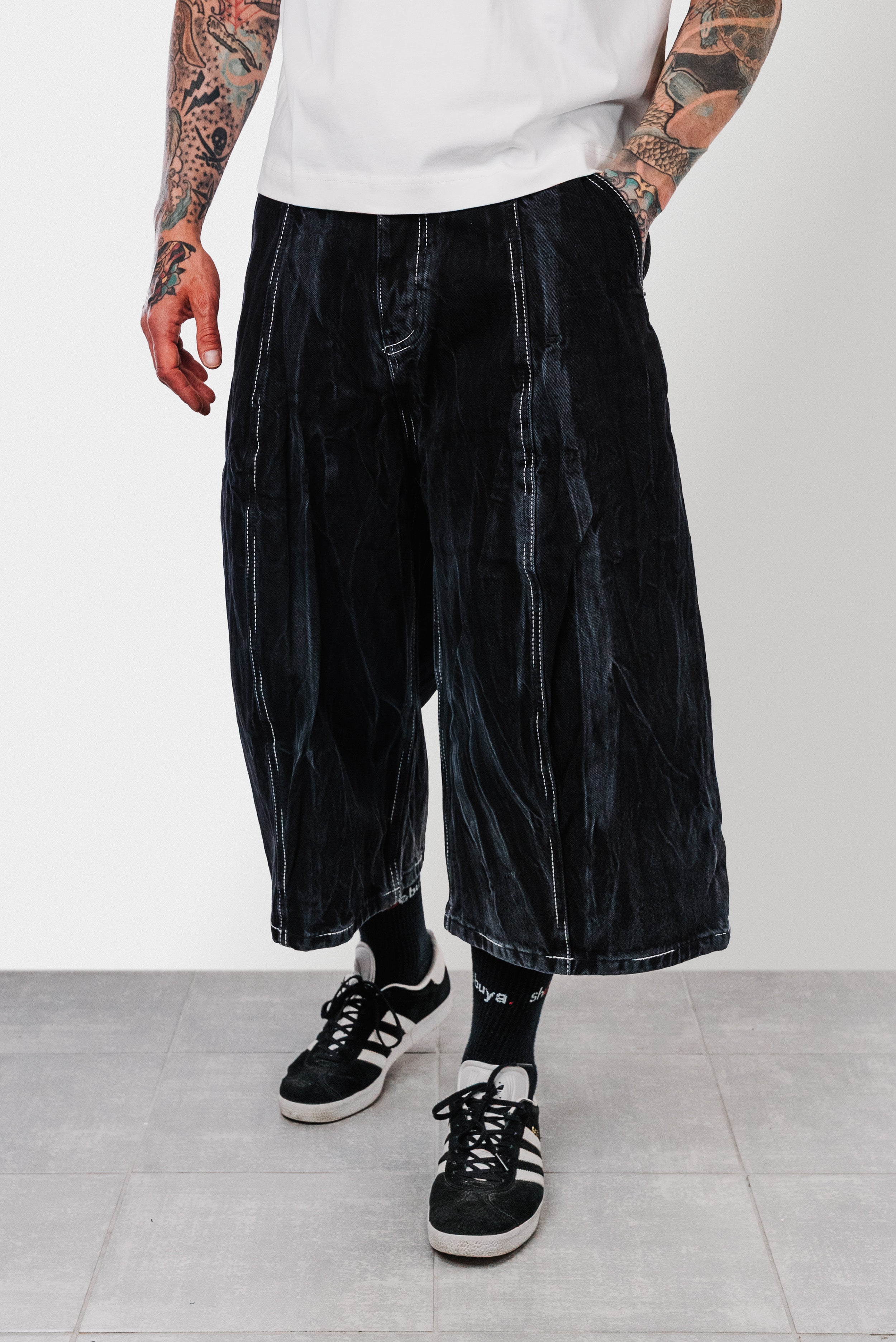 SEWN HOT BLACK DENIM JORTS - Shoebuya Design
