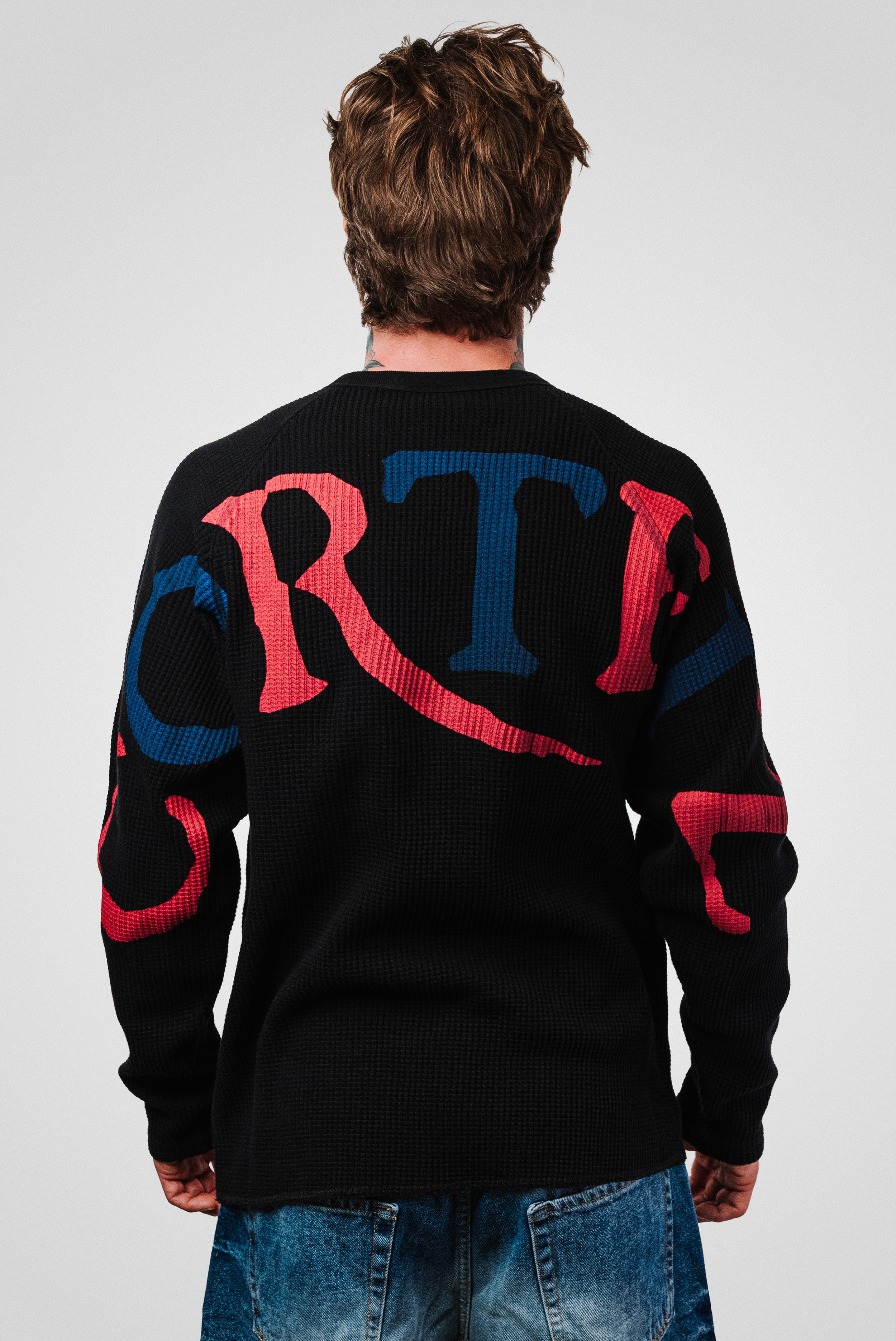 TWO TONE SPELLOUT THERMAL WAFFLE LONGSLEEVE BLACK CORTEIZ