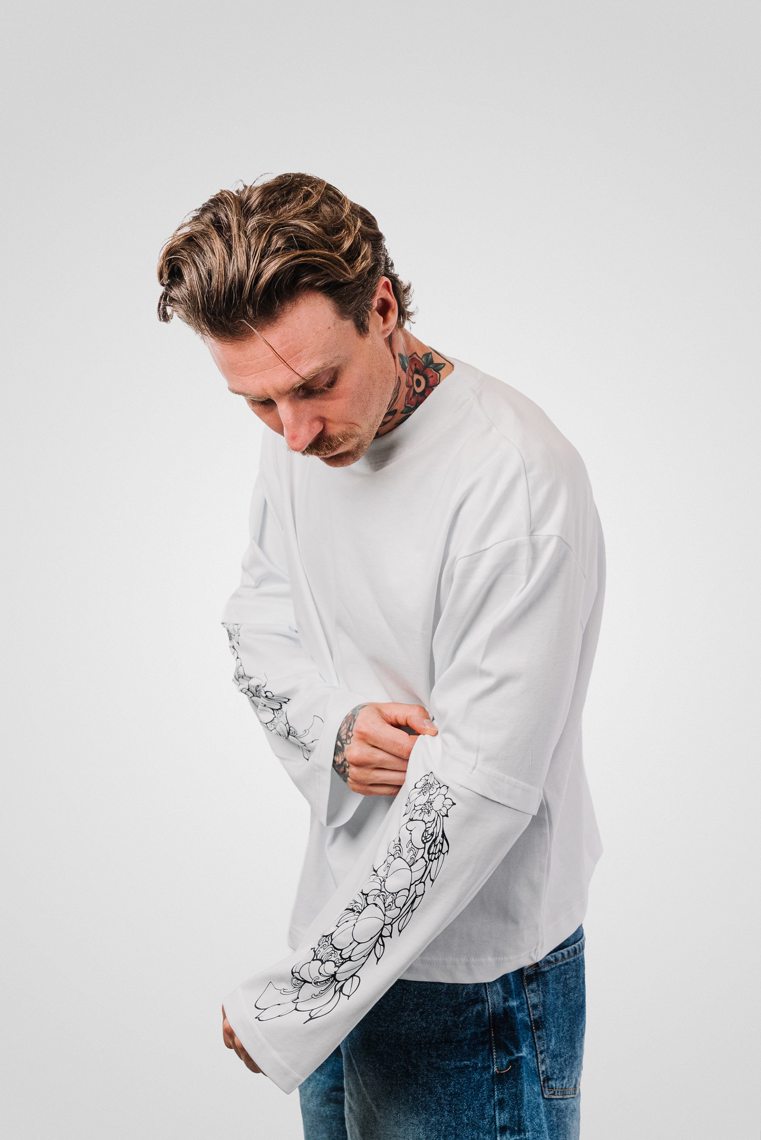 JAPANESE FLOWER DOUBLE LONGSLEEVE WHITE - Replacement Brand