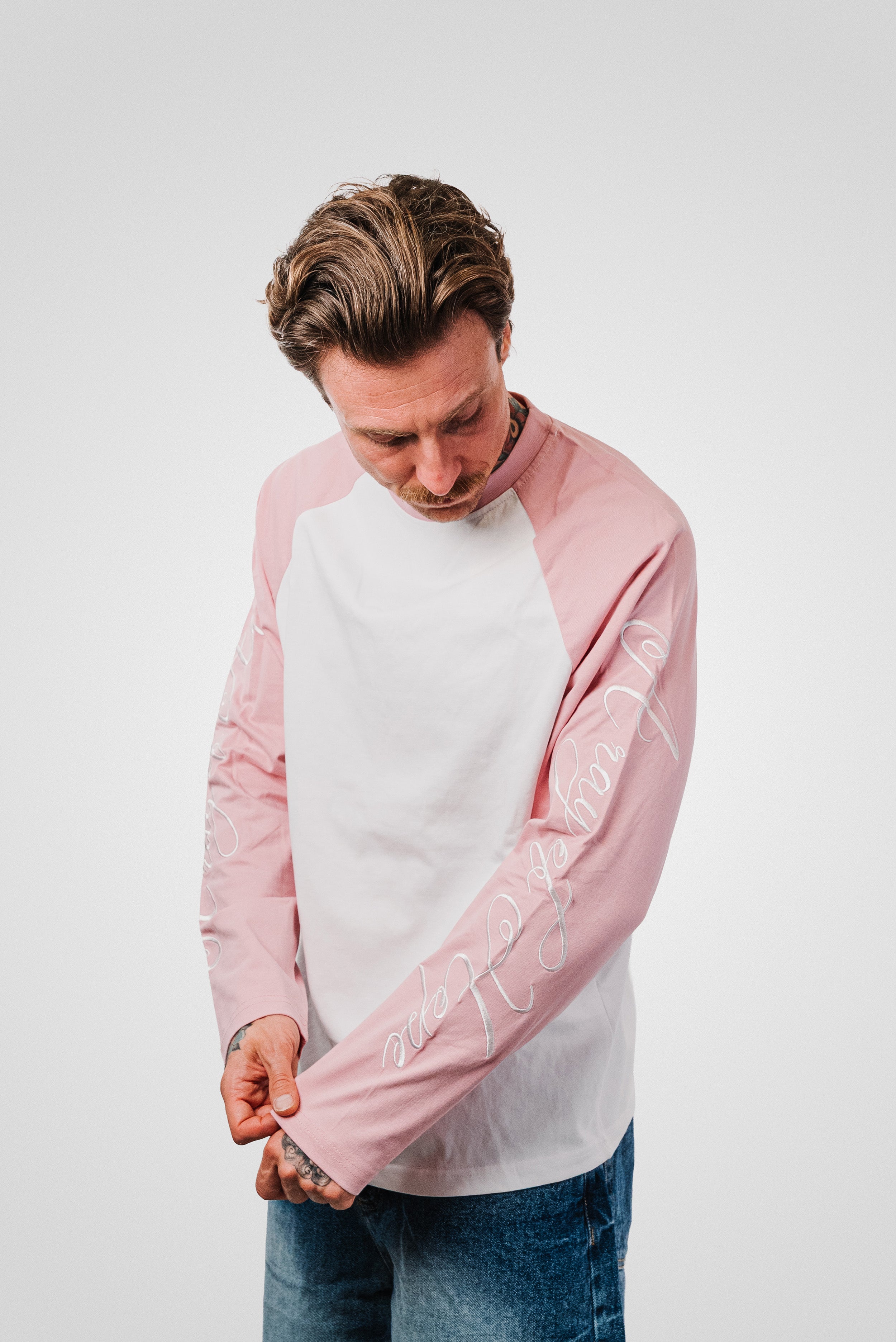 EMBROIDERED SLEEVE PINK LONGSLEEVE WHITE - Shoebuya Design