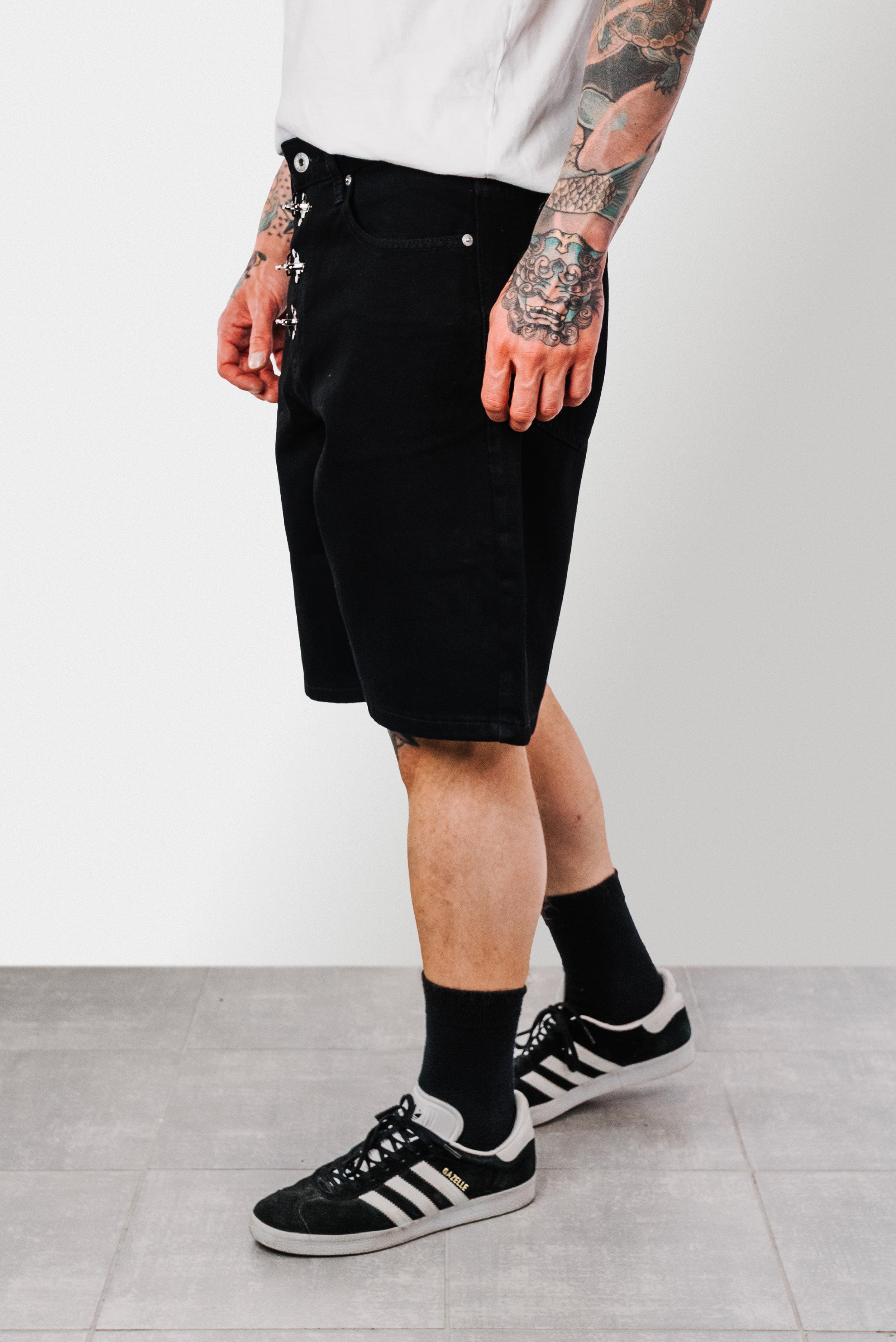BLACK CARABINER DENIM SHORTS - Shoebuya Design