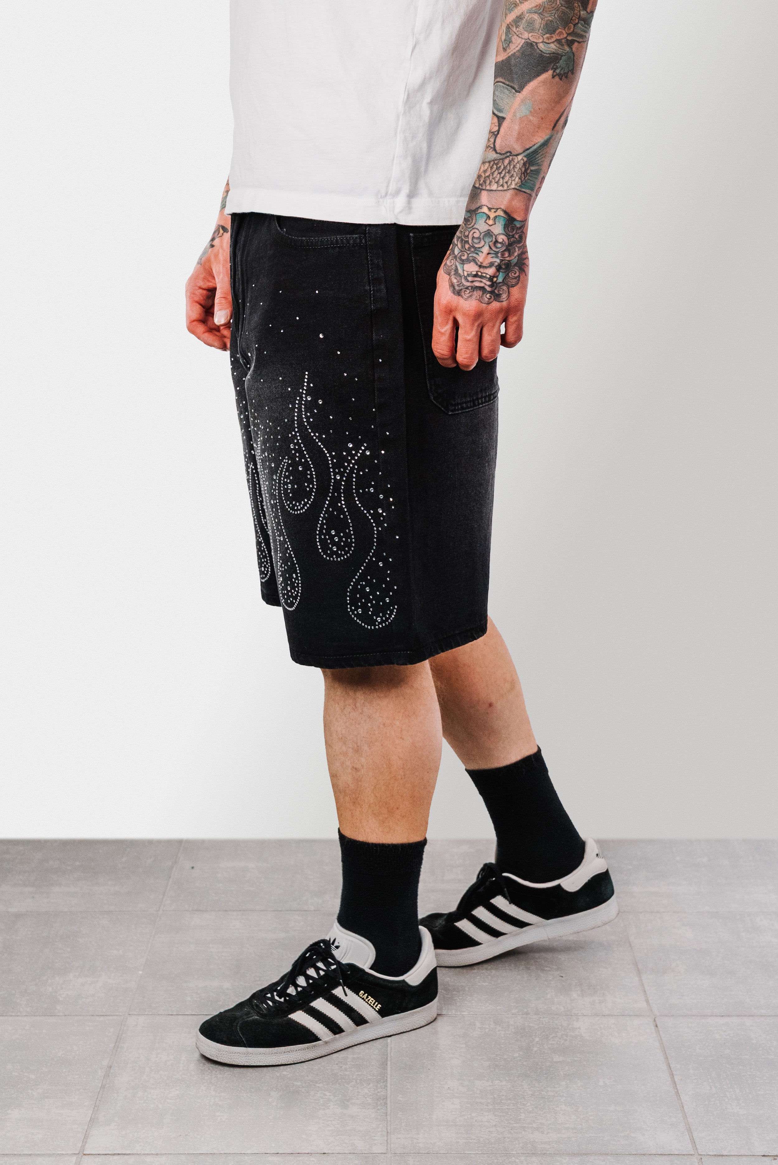 FLAME STRASS BLACK DENIM SHORTS - Shoebuya Design