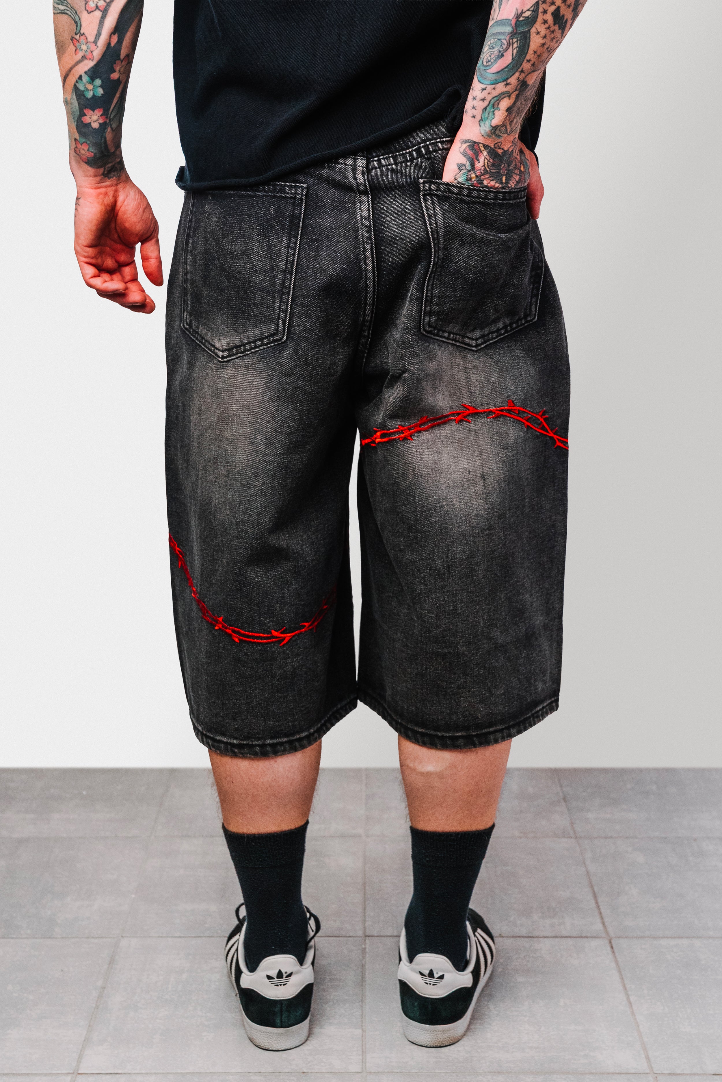 BARBED WILE WASHED BLACK DENIM JORTS - Shoebuya Design