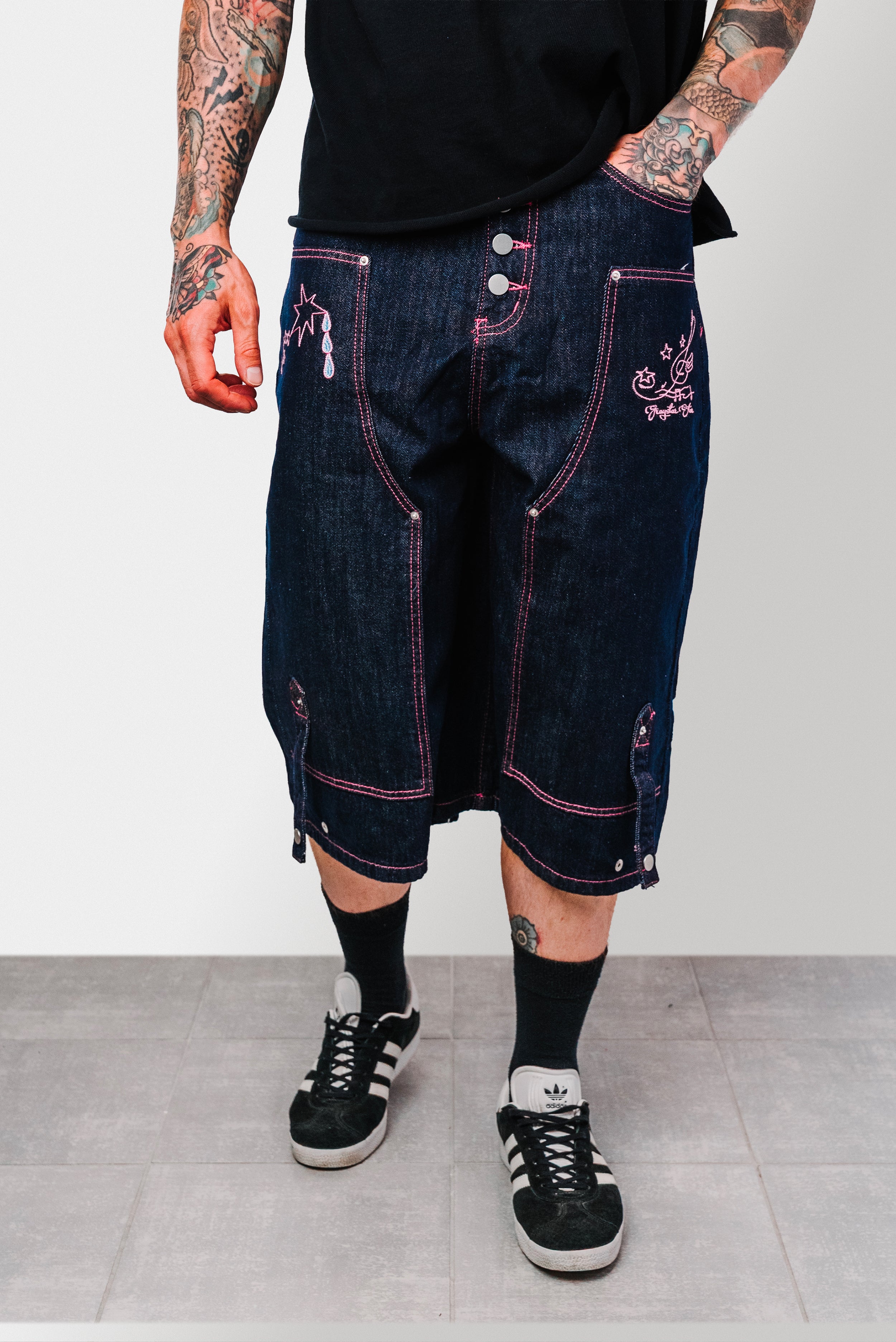 MUSIC BLACK DENIM JORTS - Shoebuya Design
