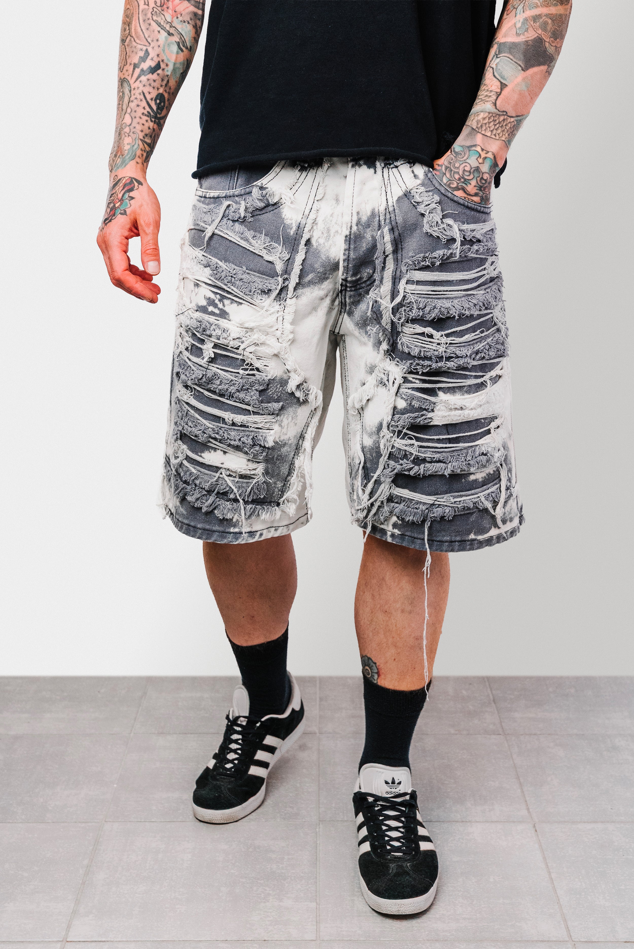 SMOKE GREY RIPPED DENIM JORTS - Replacement Brand
