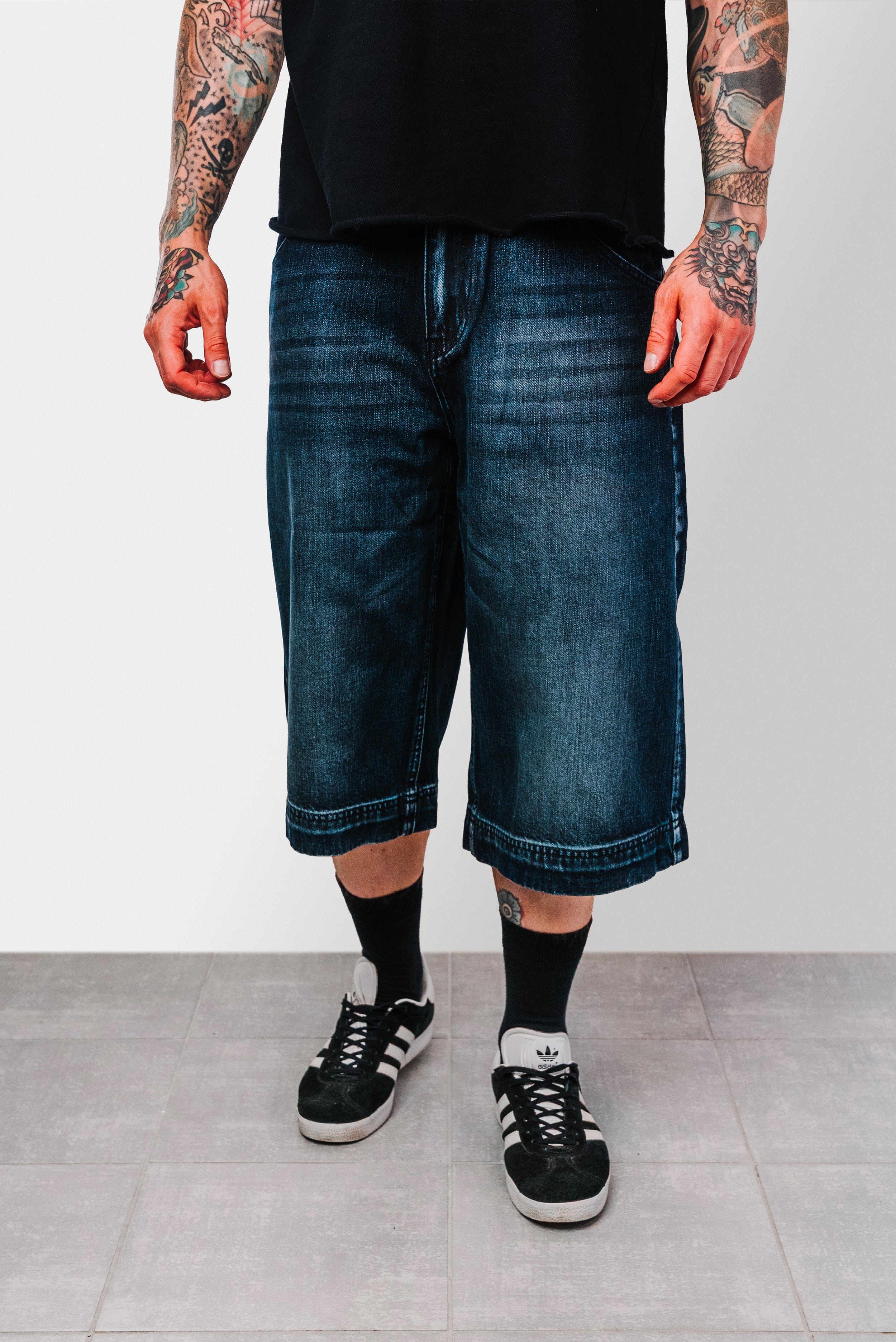 JAK WASHED BLACK DOUBLE DENIM SHORTS - Shoebuya Design