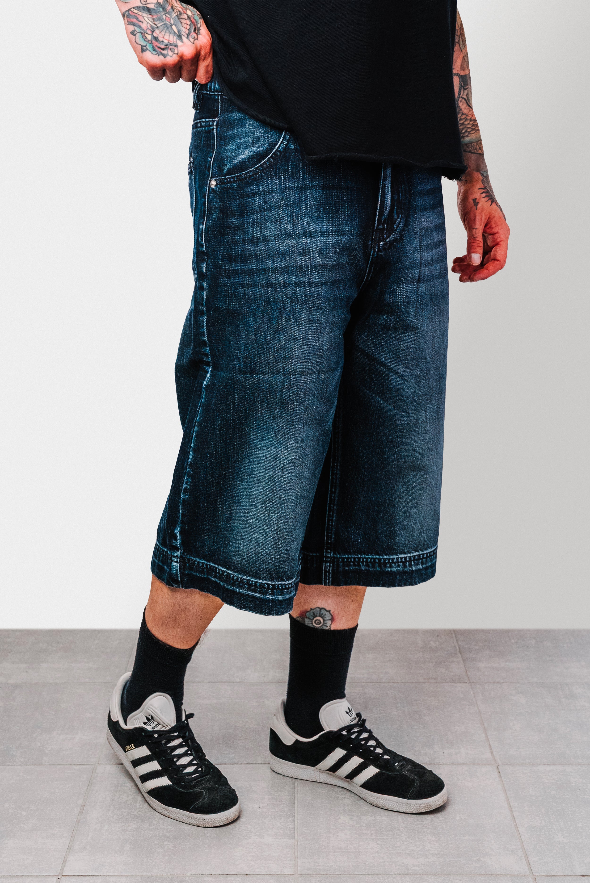 JAK WASHED BLACK DOUBLE DENIM SHORTS - Shoebuya Design