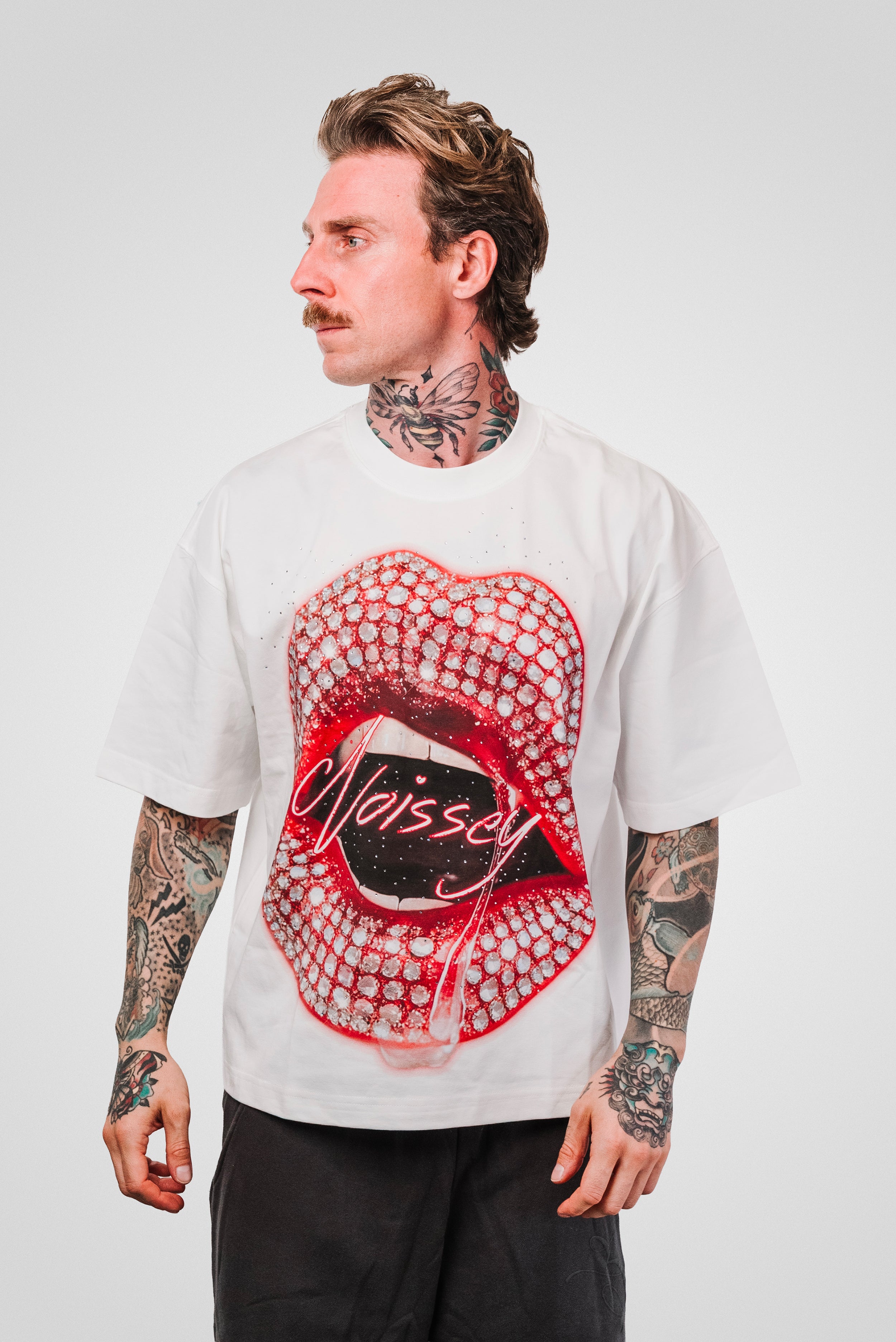 STRASS PINK MOUTH WHITE BOXY TEE - Noissey Brand