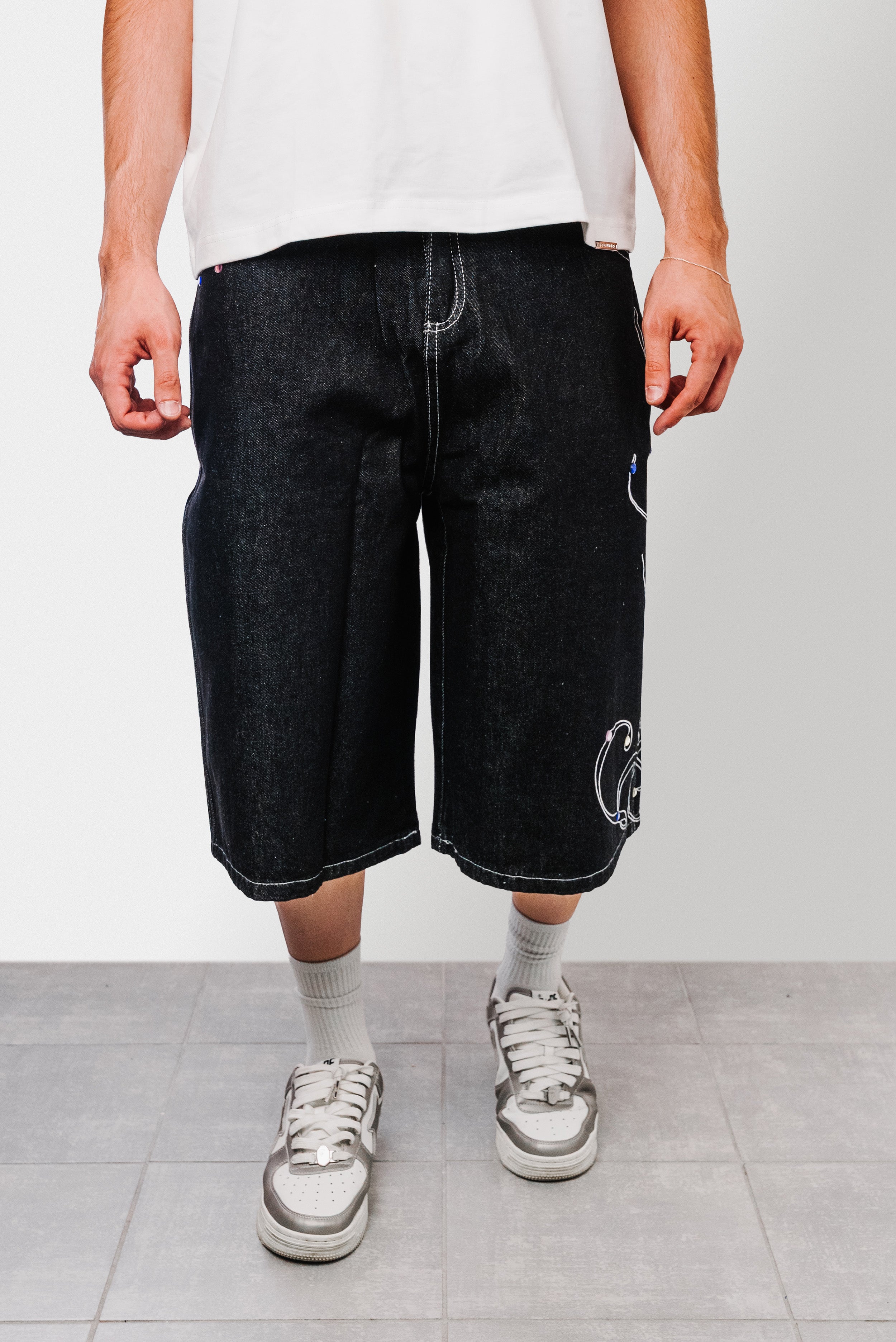 WRITE PEARLS BLACK DENIM JORTS- Shoebuya Design