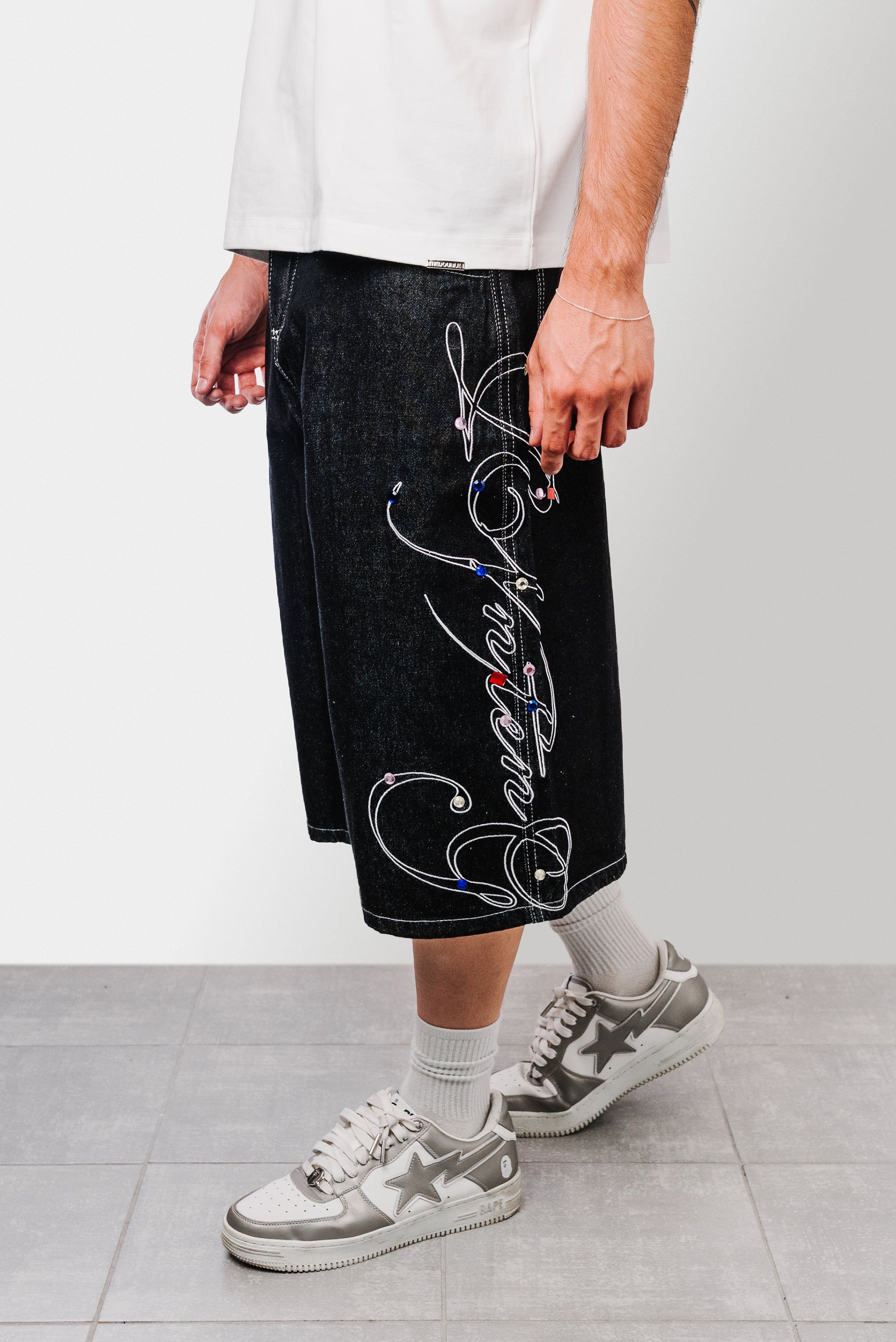 WRITE PEARLS BLACK DENIM JORTS- Shoebuya Design
