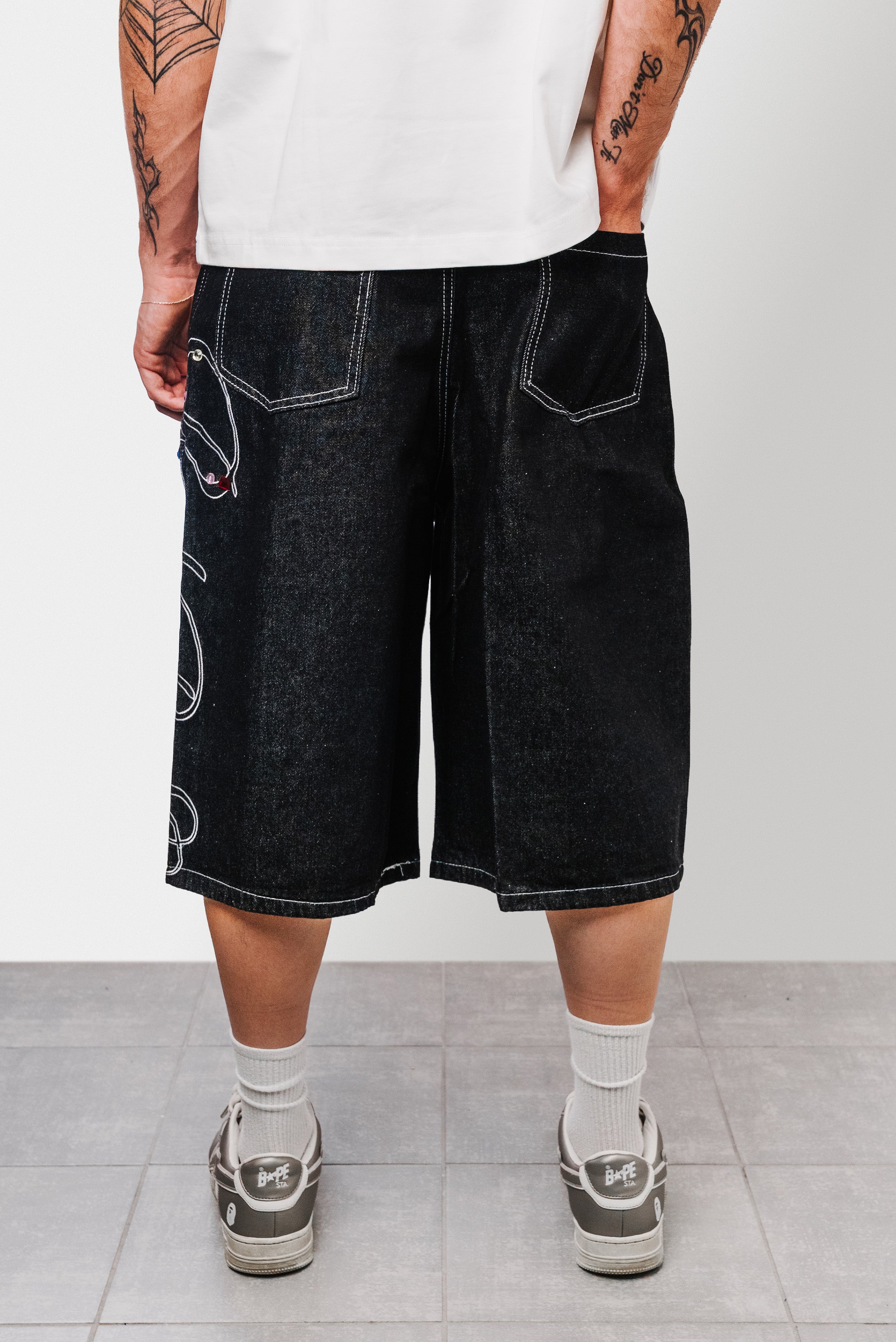 WRITE PEARLS BLACK DENIM JORTS- Shoebuya Design