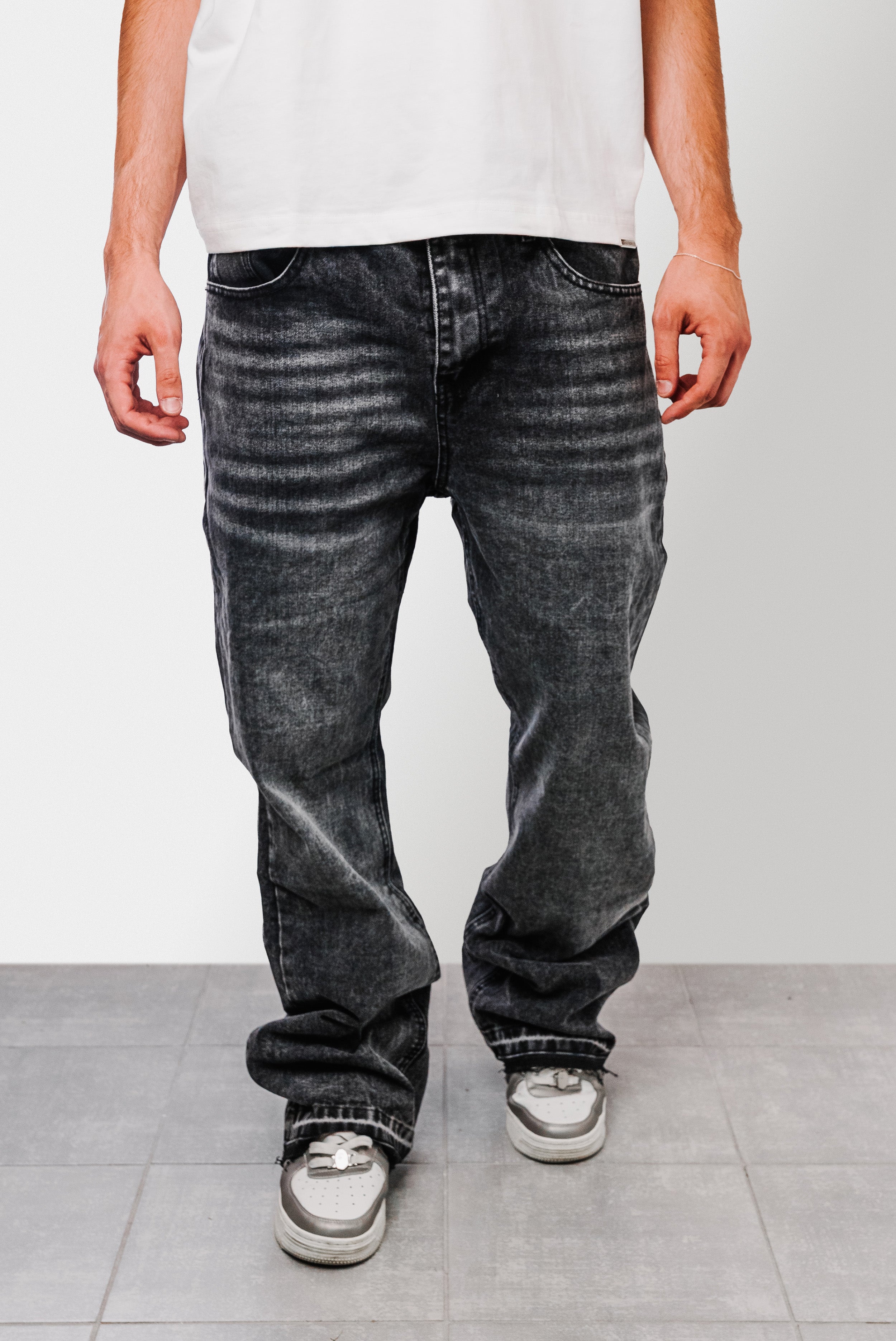 WASHED BLACK DENIM FLARE JEANS - Replacement Brand