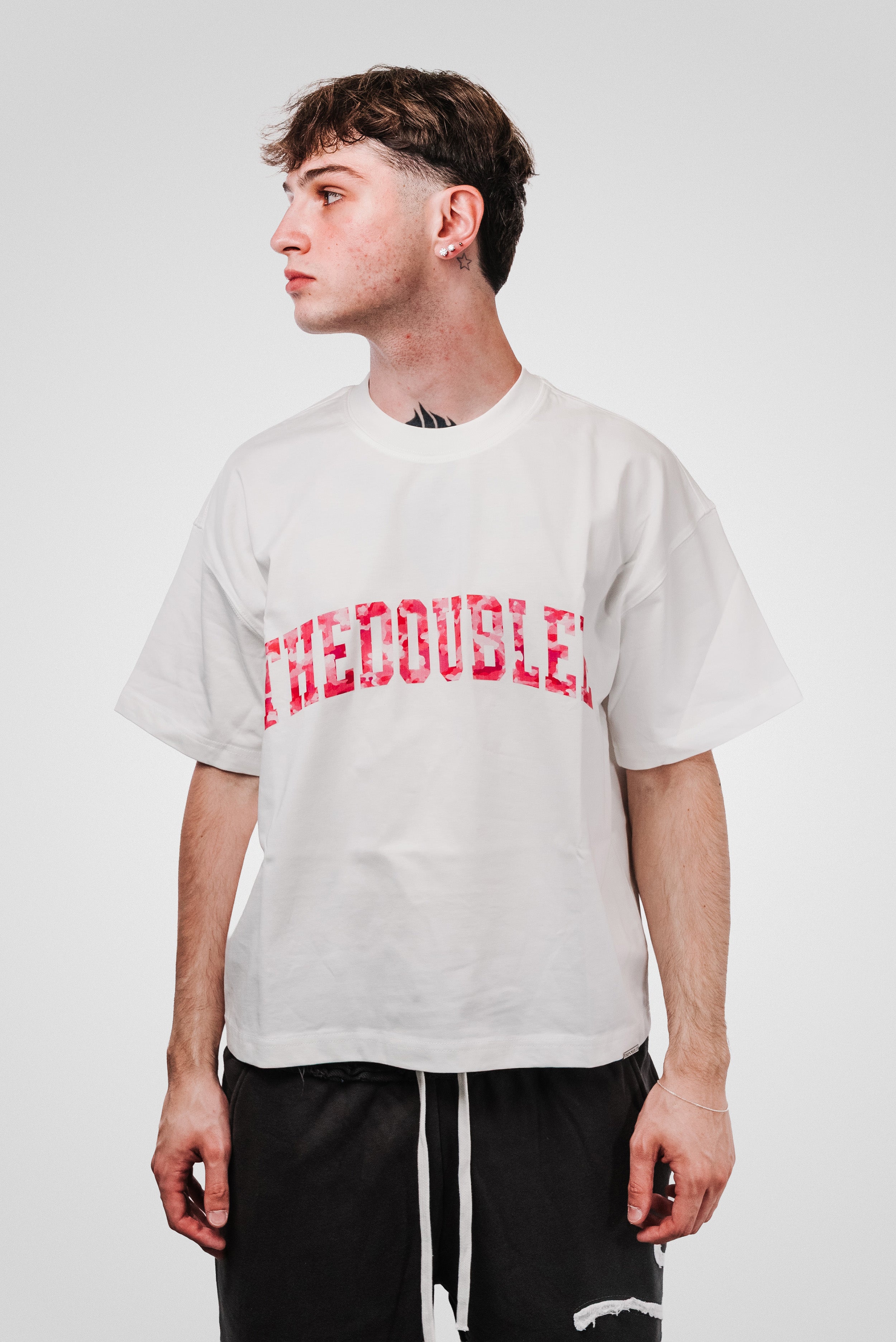 PINK CAMO LOGO WHITE BOXY TEE- TheDoubleE