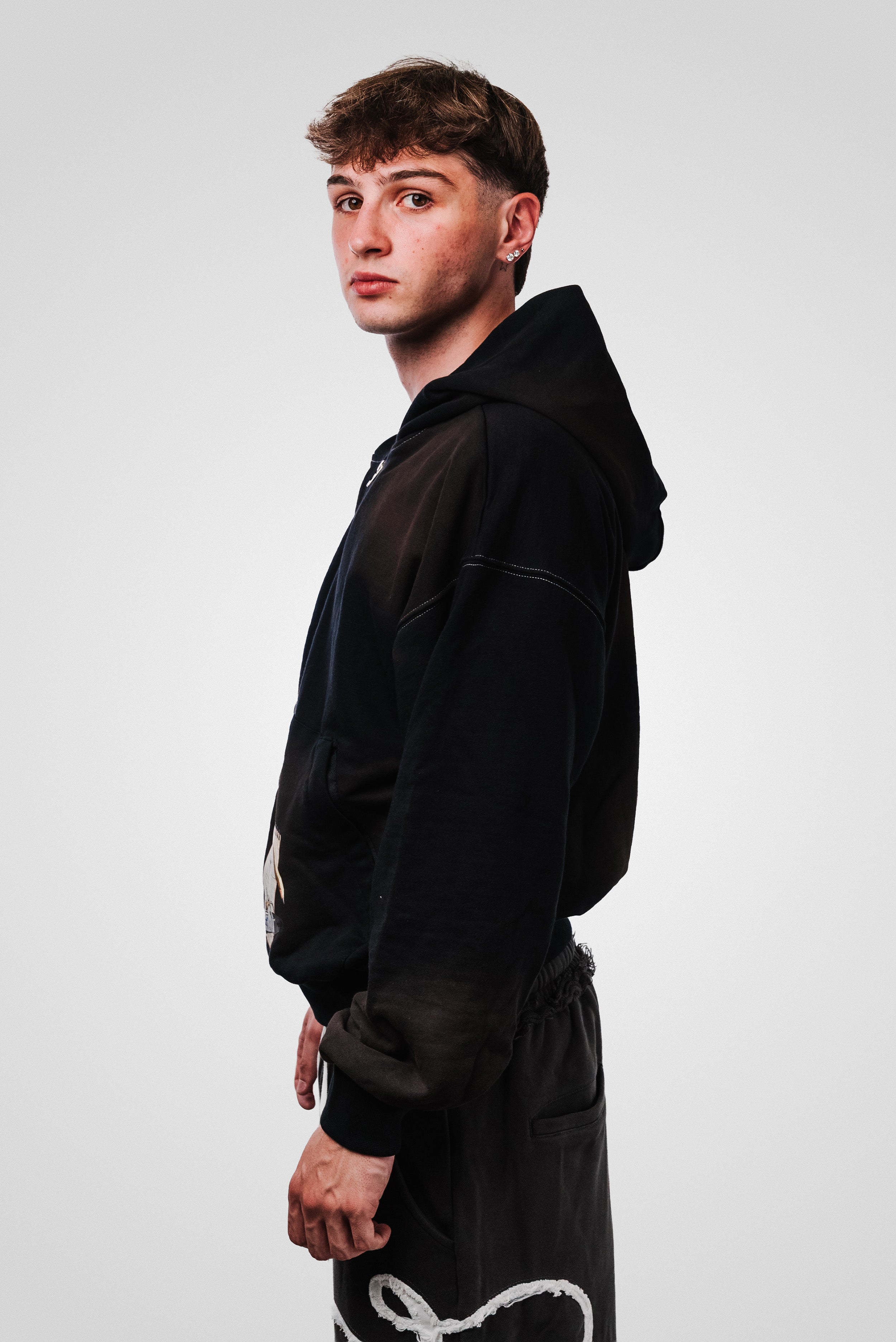 WASHED BLACK BRONZE PRINT BASIC ZIP HOODIE - ALESSIO GIFFI