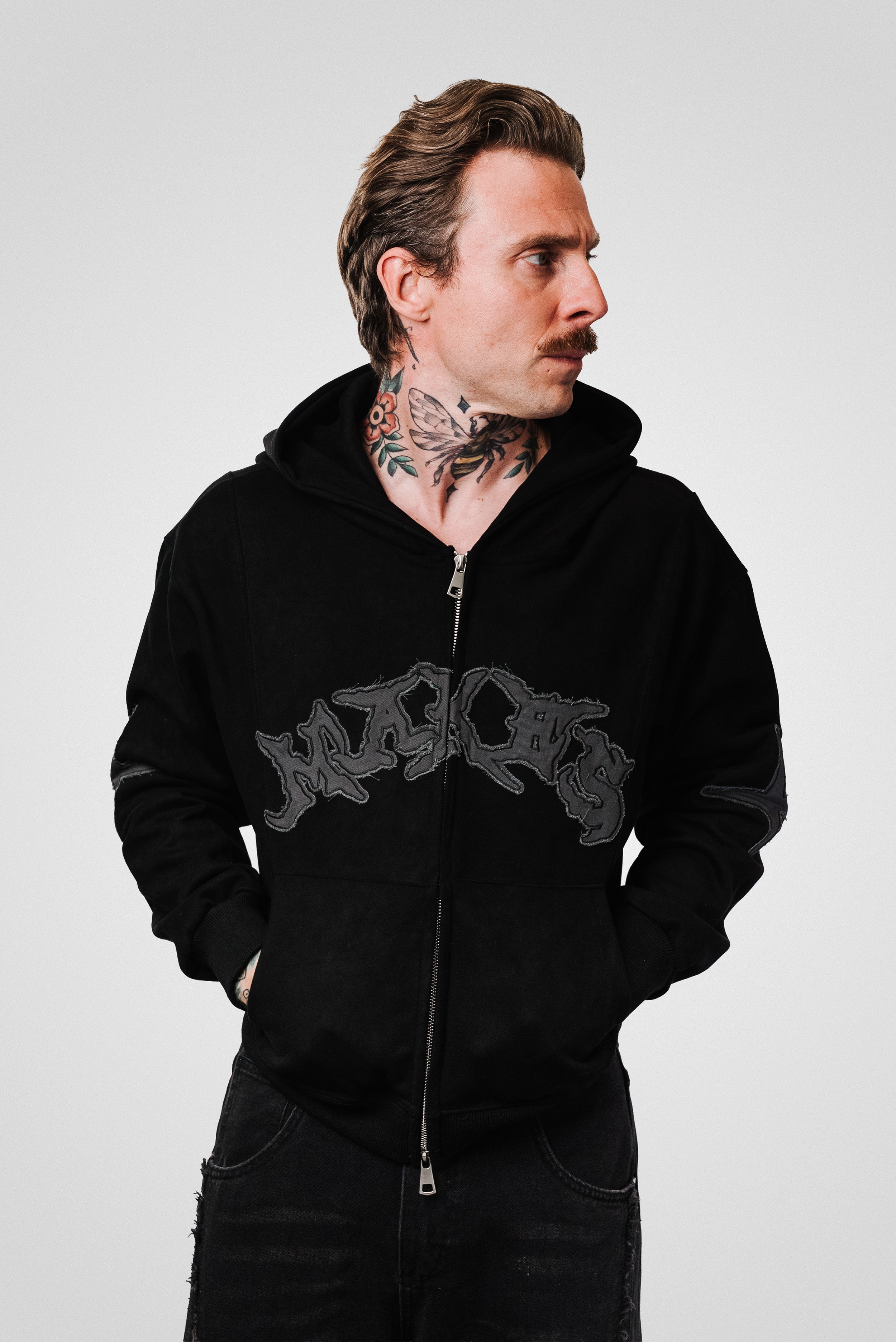 BLACK SUEDE PATCH HOODIE - Shoebuya Design