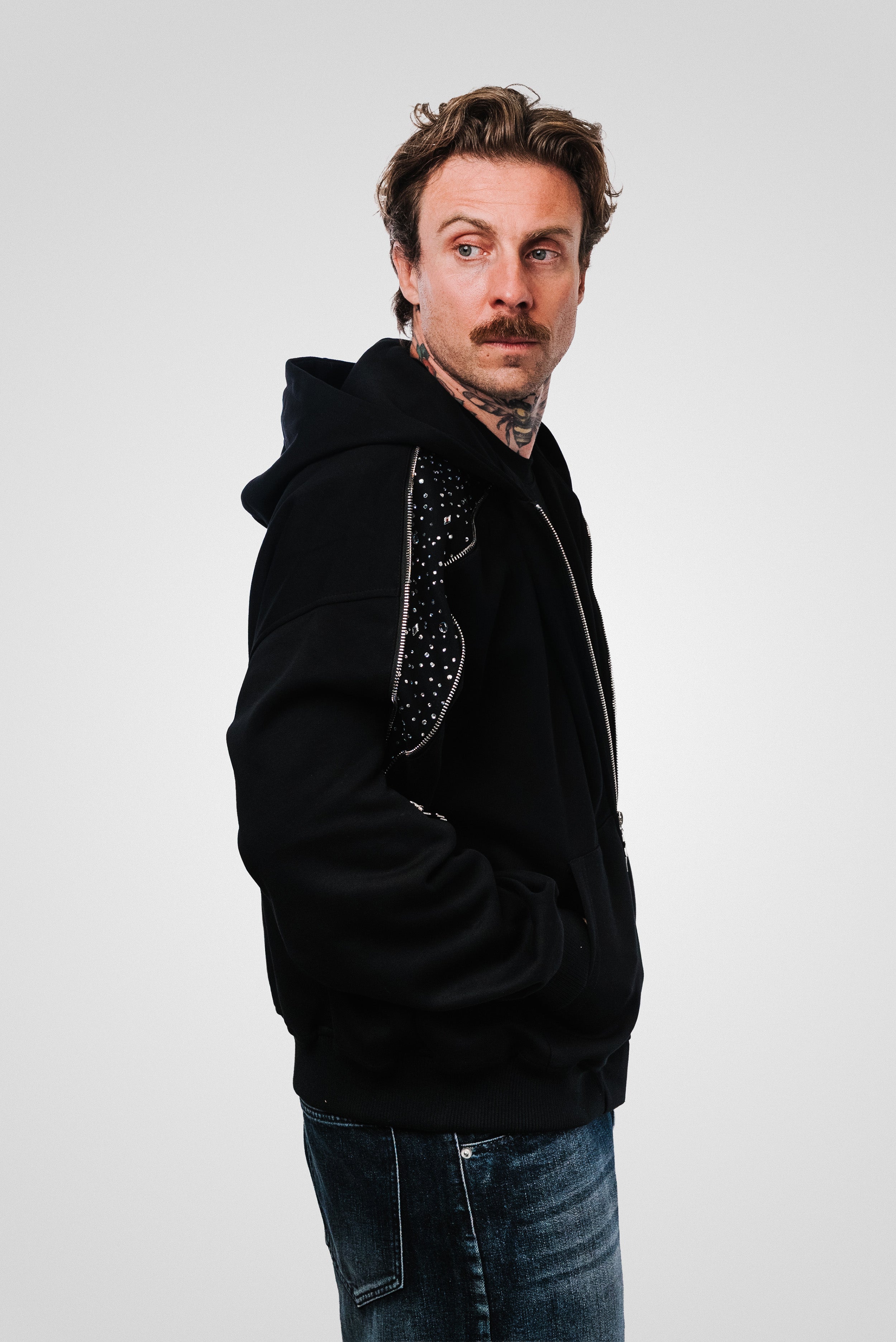 STRASS MULTI ZIP BLACK HOODIE - Shoebuya Design