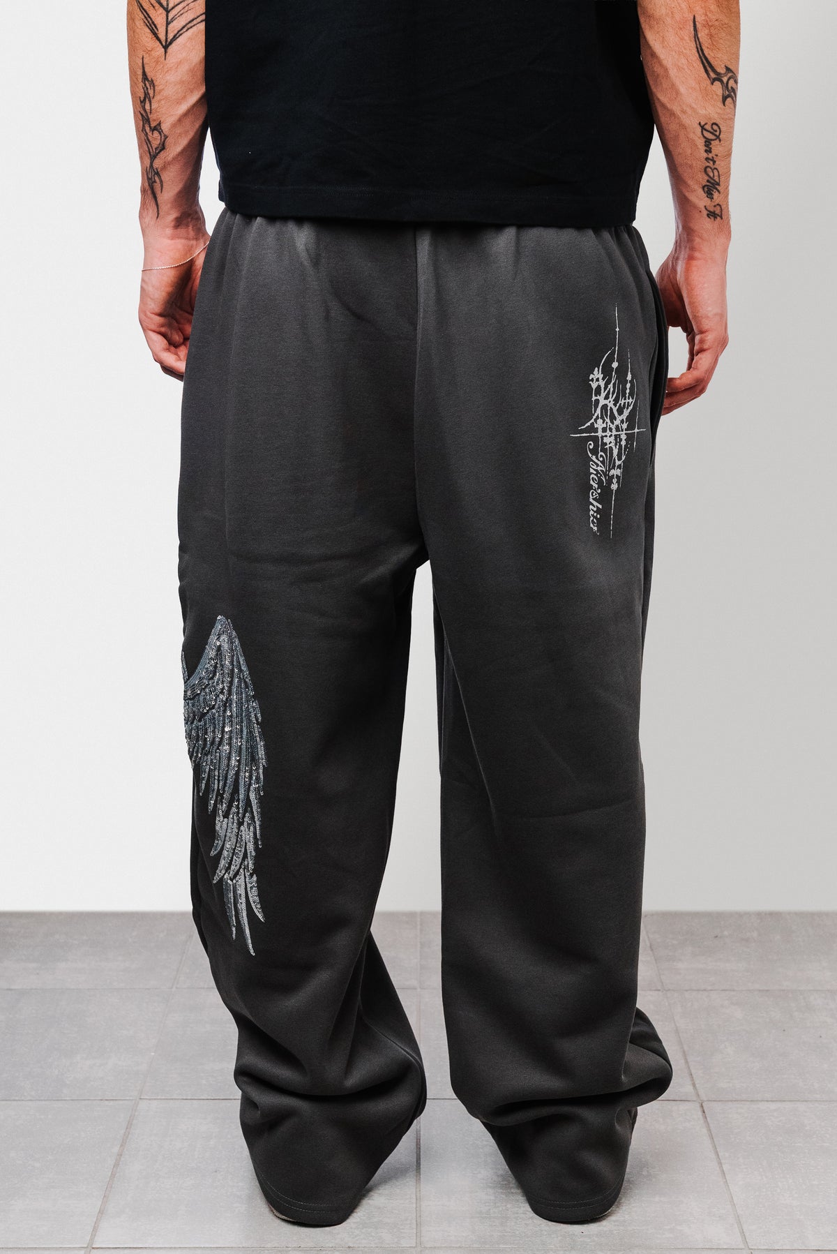 PAILLETTES WINGS GREY SWEAT PANTS - Shoebuya Design