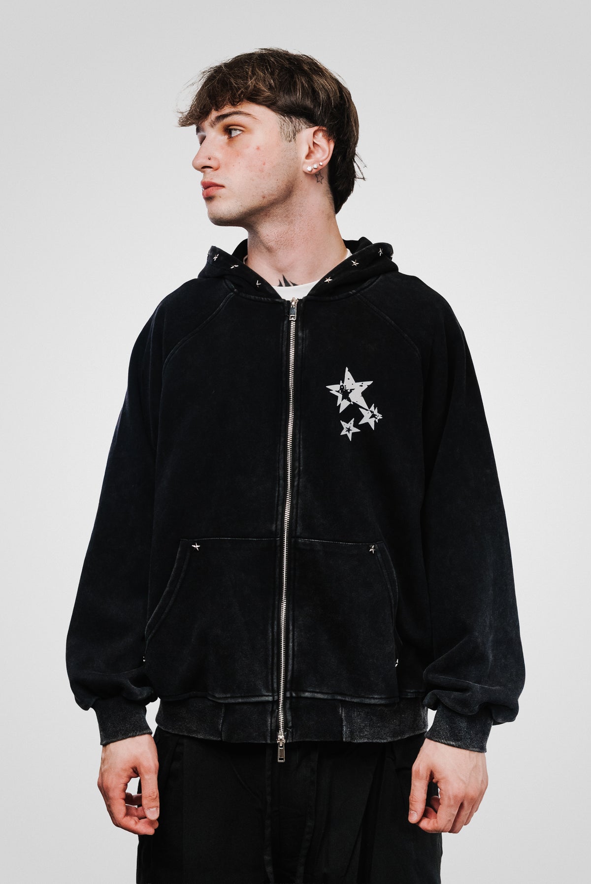 STAR PIERCING DOTS WASHED BLACK HOODIE - Shoebuya Design