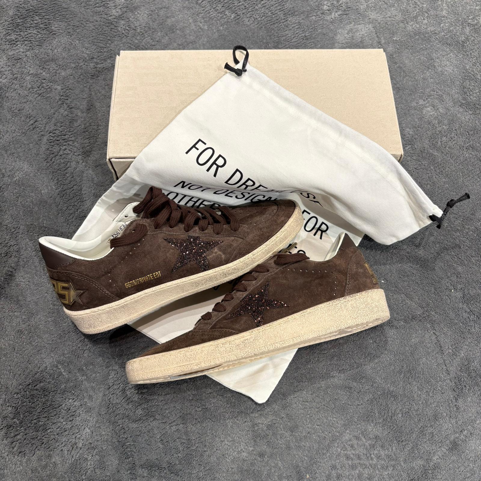 GOLDEN GOOSE BALLSTAR FULL SUEDE BROWN STELLA GLITTER