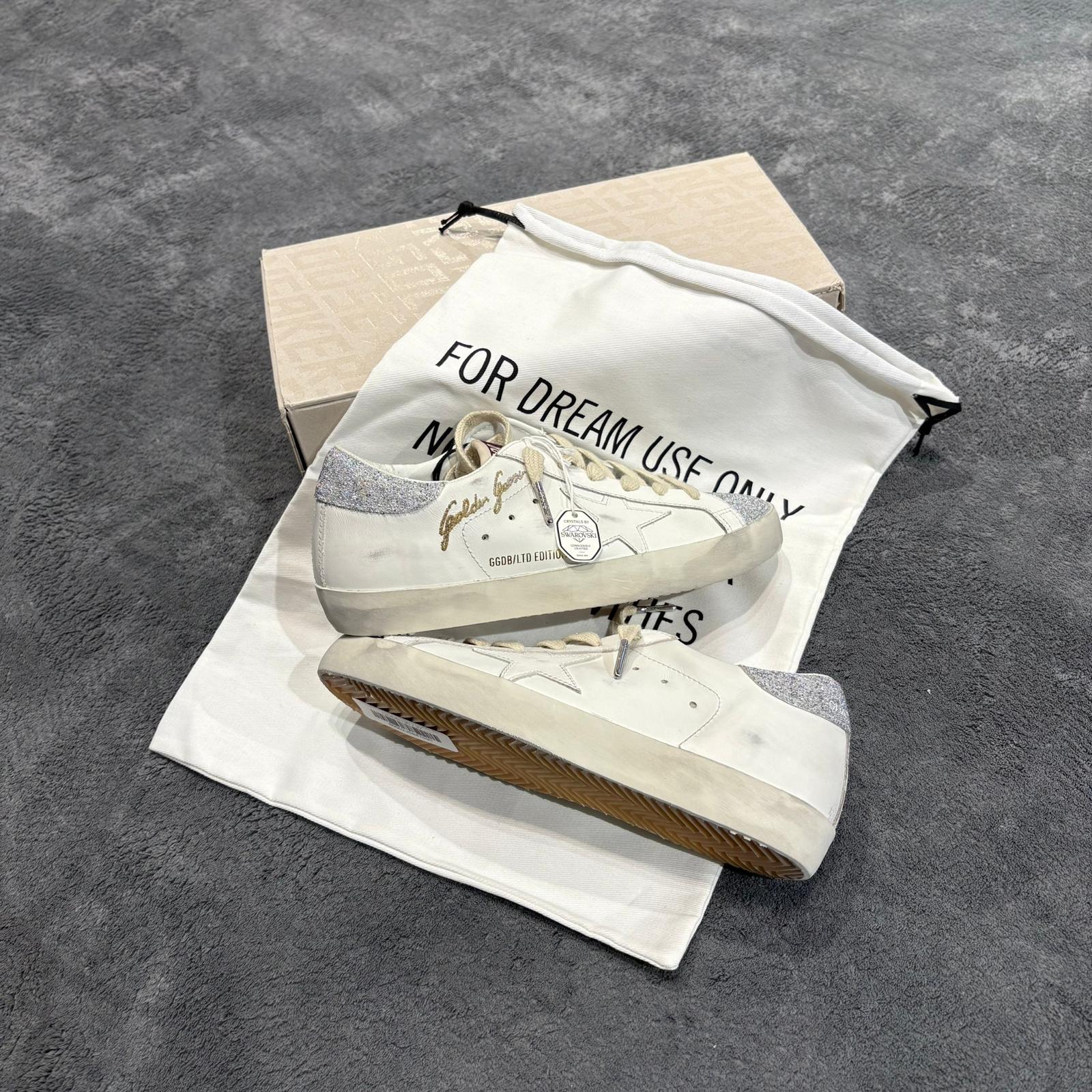 GOLDEN GOOSE X SWAROVSKI SUPER STAR STELLA WHITE & TALLONE E LINGUETTA GLITTER SILVER