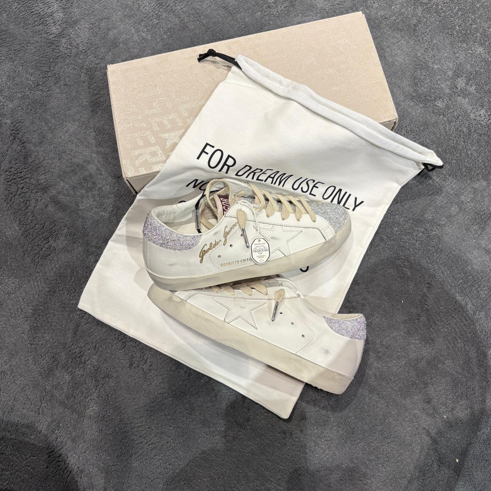 GOLDEN GOOSE X SWAROVSKI SUPER STAR STELLA WHITE & TALLONE E LINGUETTA GLITTER SILVER