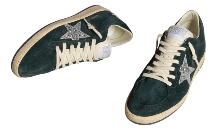 GOLDEN GOOSE BALLSTAR SUEDE GREEN GLITTER SILVER