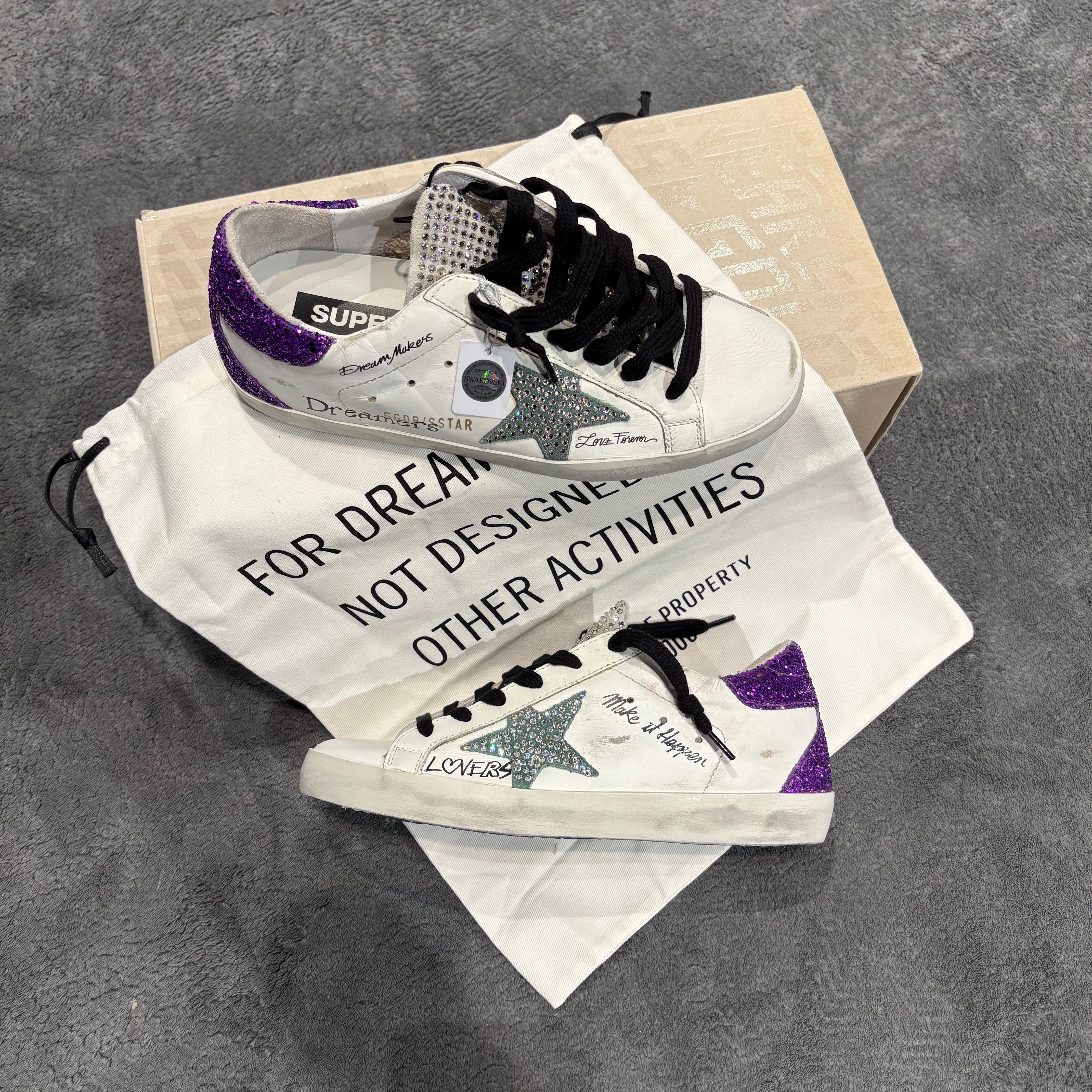 GOLDEN GOOSE X SWAROVSKI SUPER STAR SUEDE TOE TONGUE TACCO PURPLE GLITTER