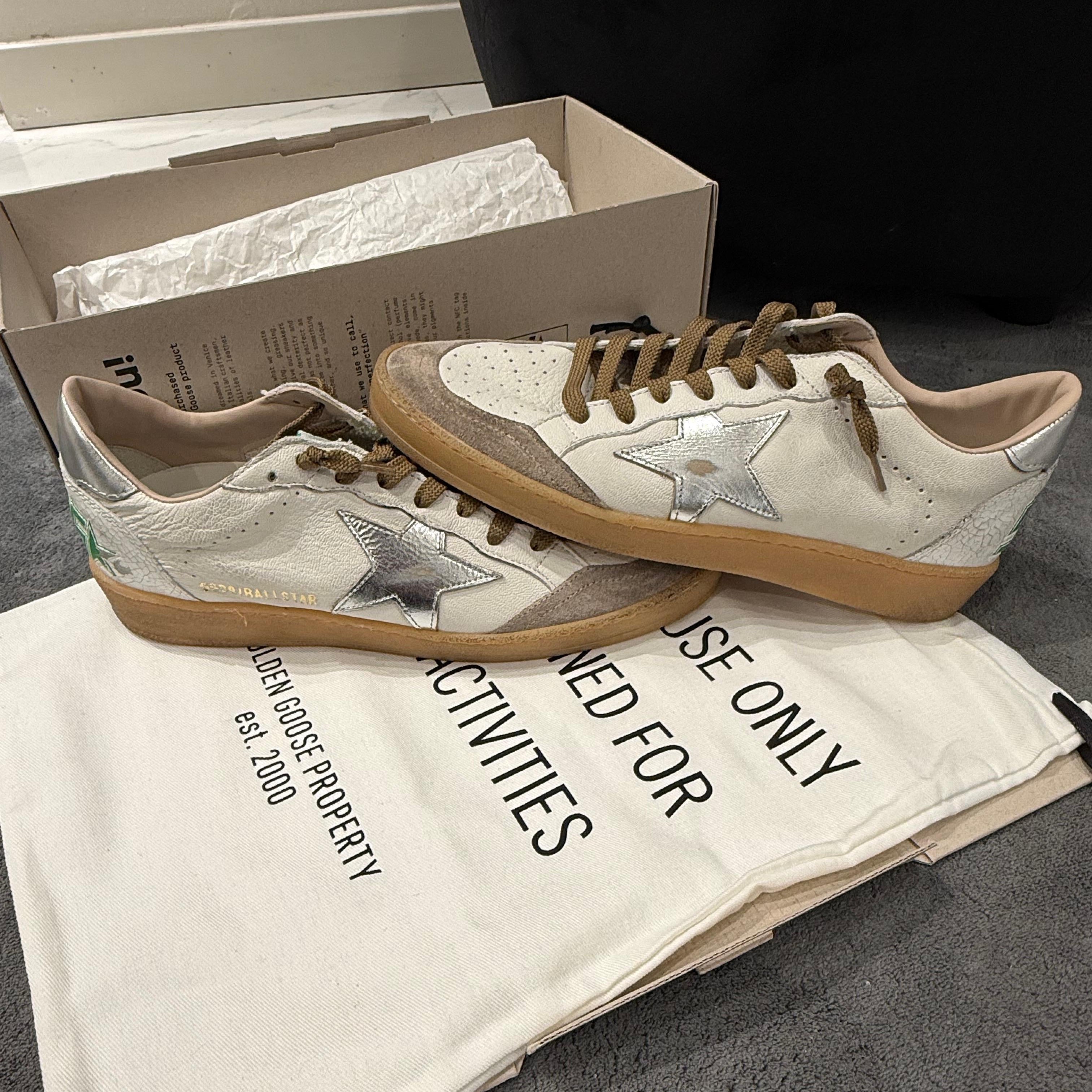 GOLDEN GOOSE BALLSTAR SUEDE SILVER SCRITTA GREEN
