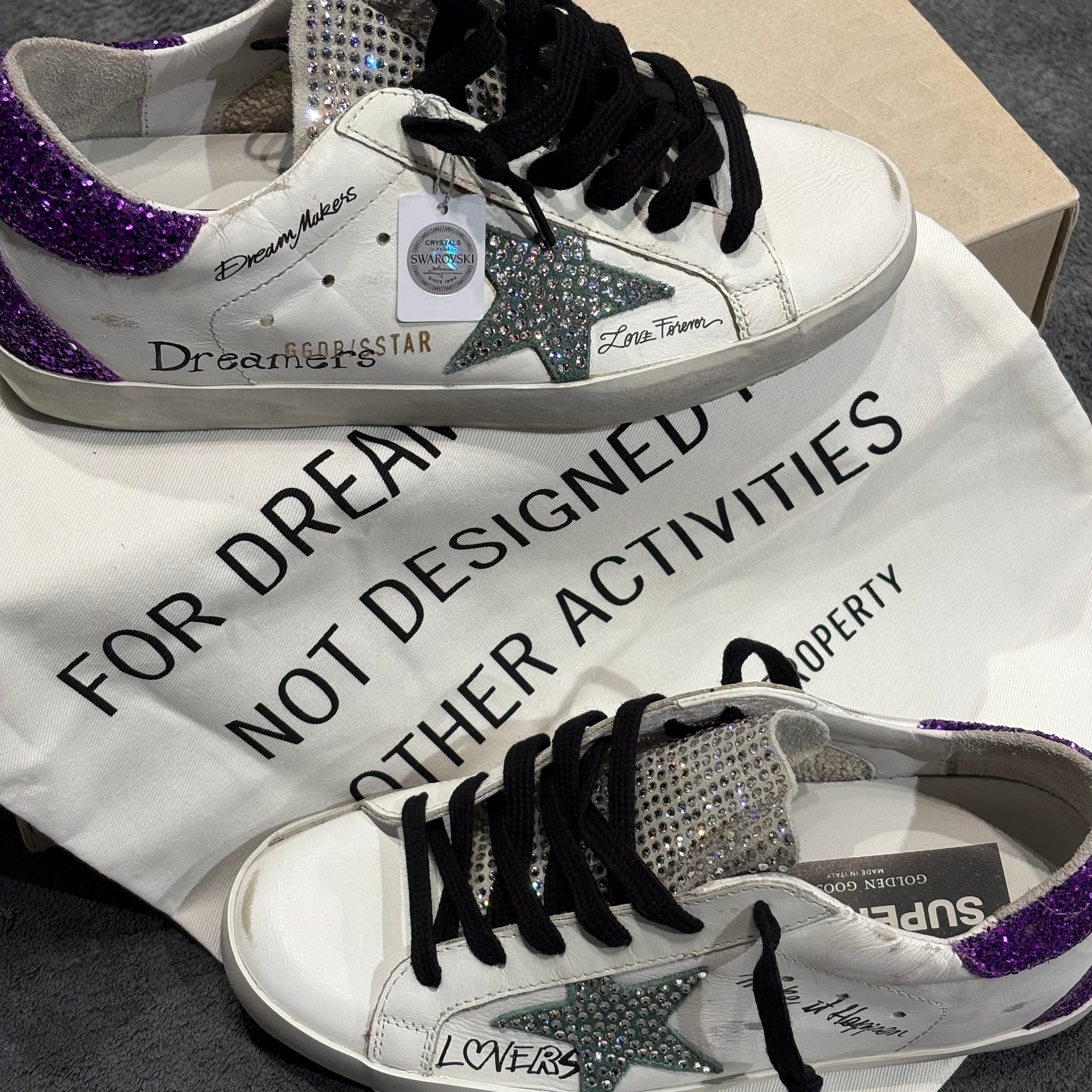 GOLDEN GOOSE X SWAROVSKI SUPER STAR SUEDE TOE TONGUE TACCO PURPLE GLITTER