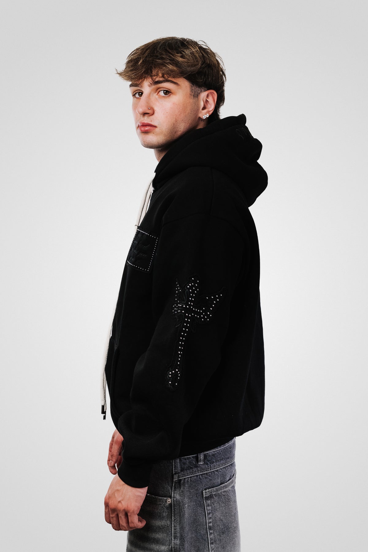 SQUARE PATCH BLACK ZIP HOODIE - Replacement Brand