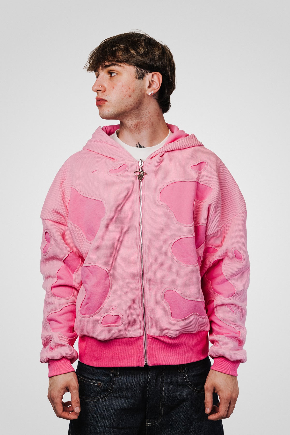 PIGGY WAFFLE DOUBLE LAYER PINK HOODIE - TheDoubleE