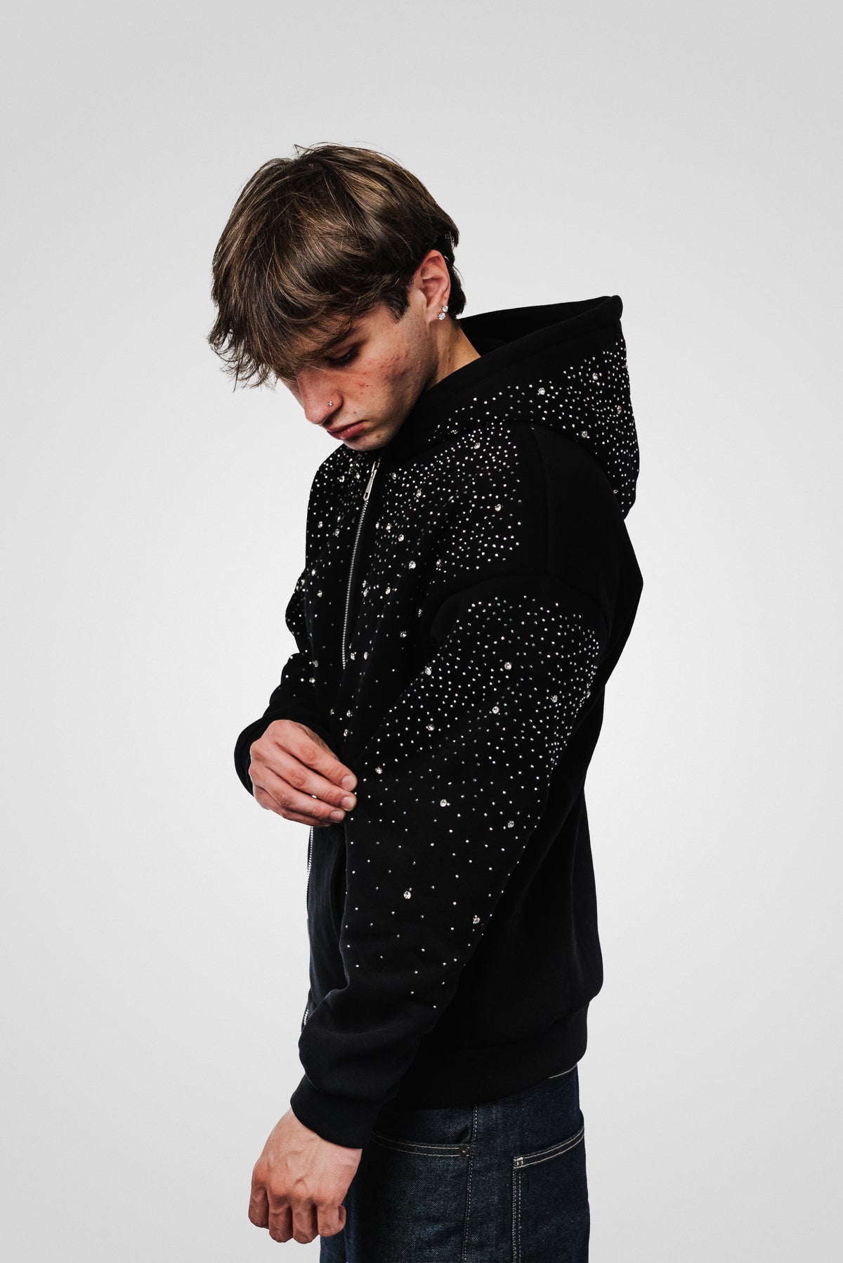 ZIP GLITTER DIAMOND BLACK HOODIE- Replacement Brand