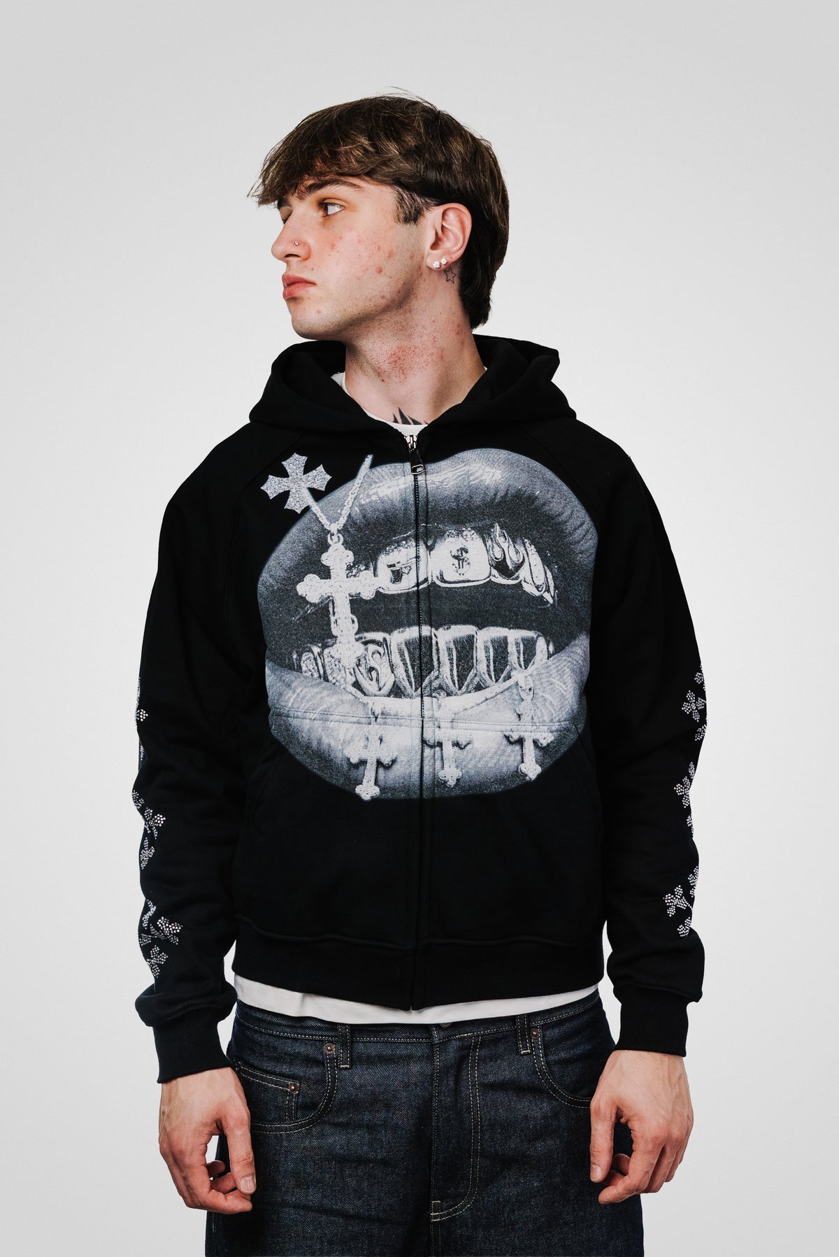 CROSS GLITTER BLACK ZIP HOODIE - Noissey Brand