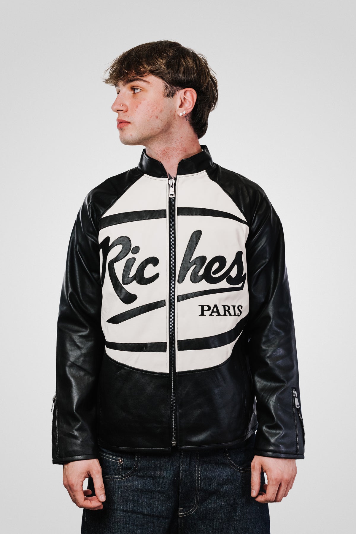 MOTORBIKER BLACK/WHITE JACKET - Riches Paris