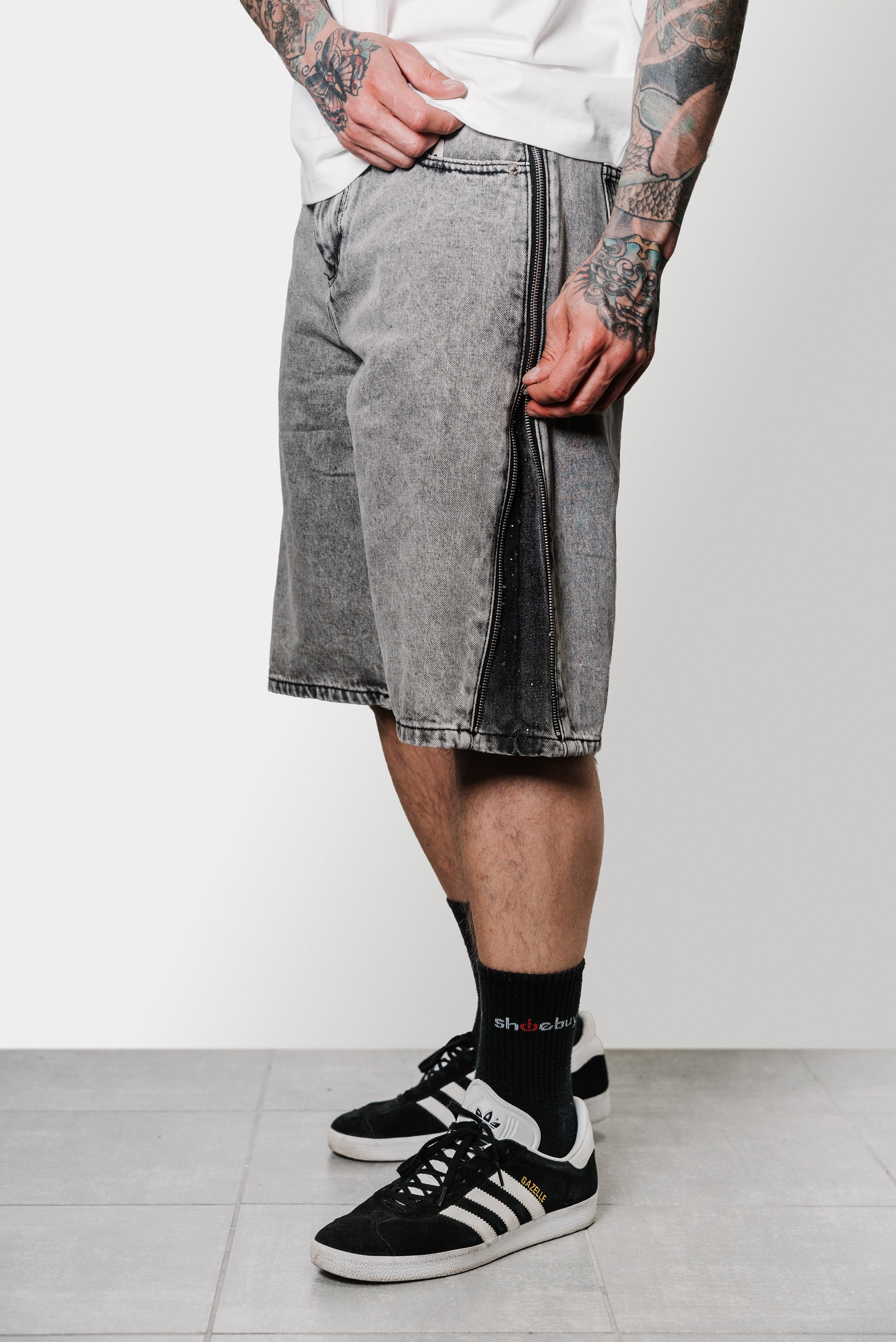 ZIP GLITTER WASHED GREY DENIM SHORTS  - Replacement Brand
