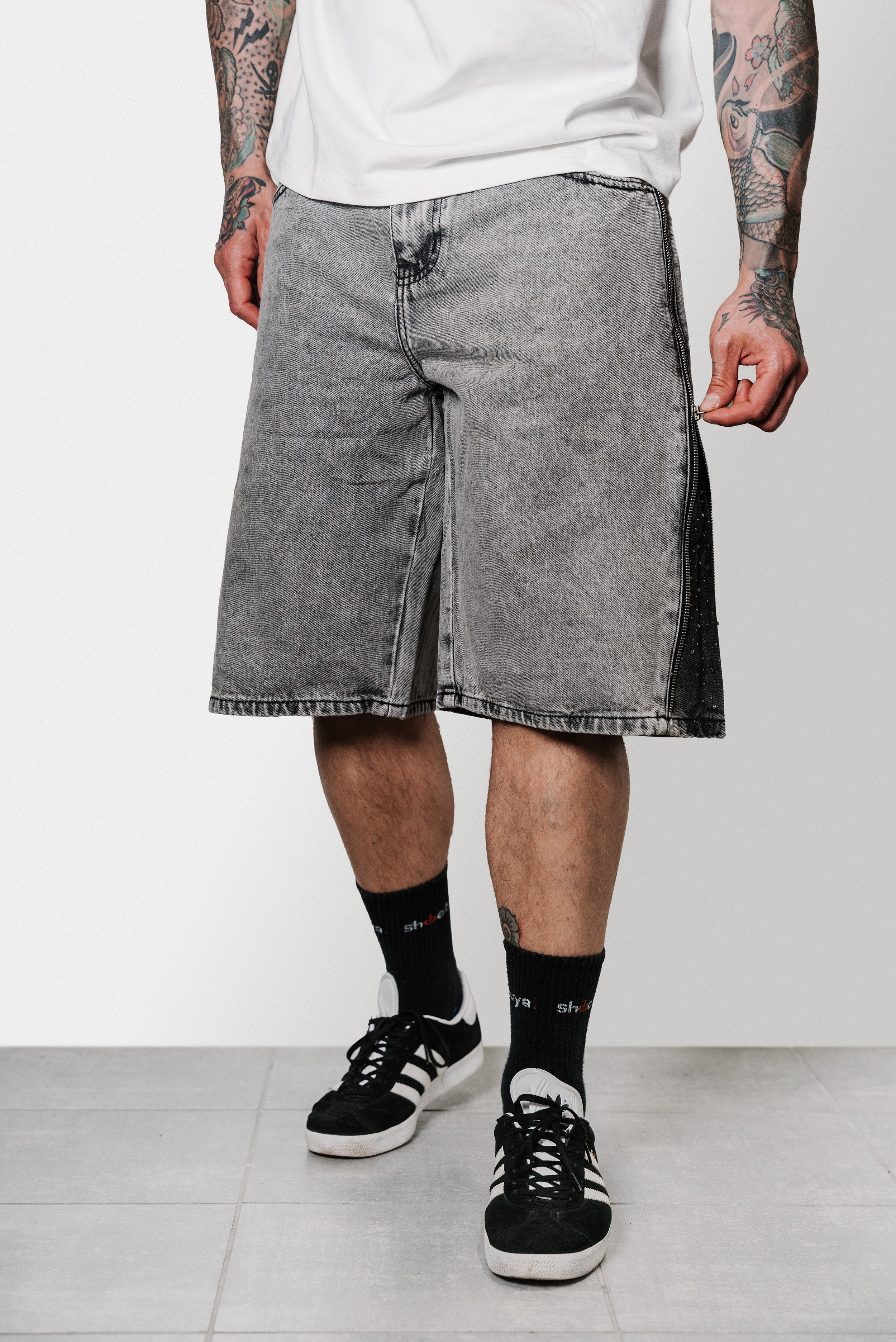 ZIP GLITTER WASHED GREY DENIM SHORTS  - Replacement Brand